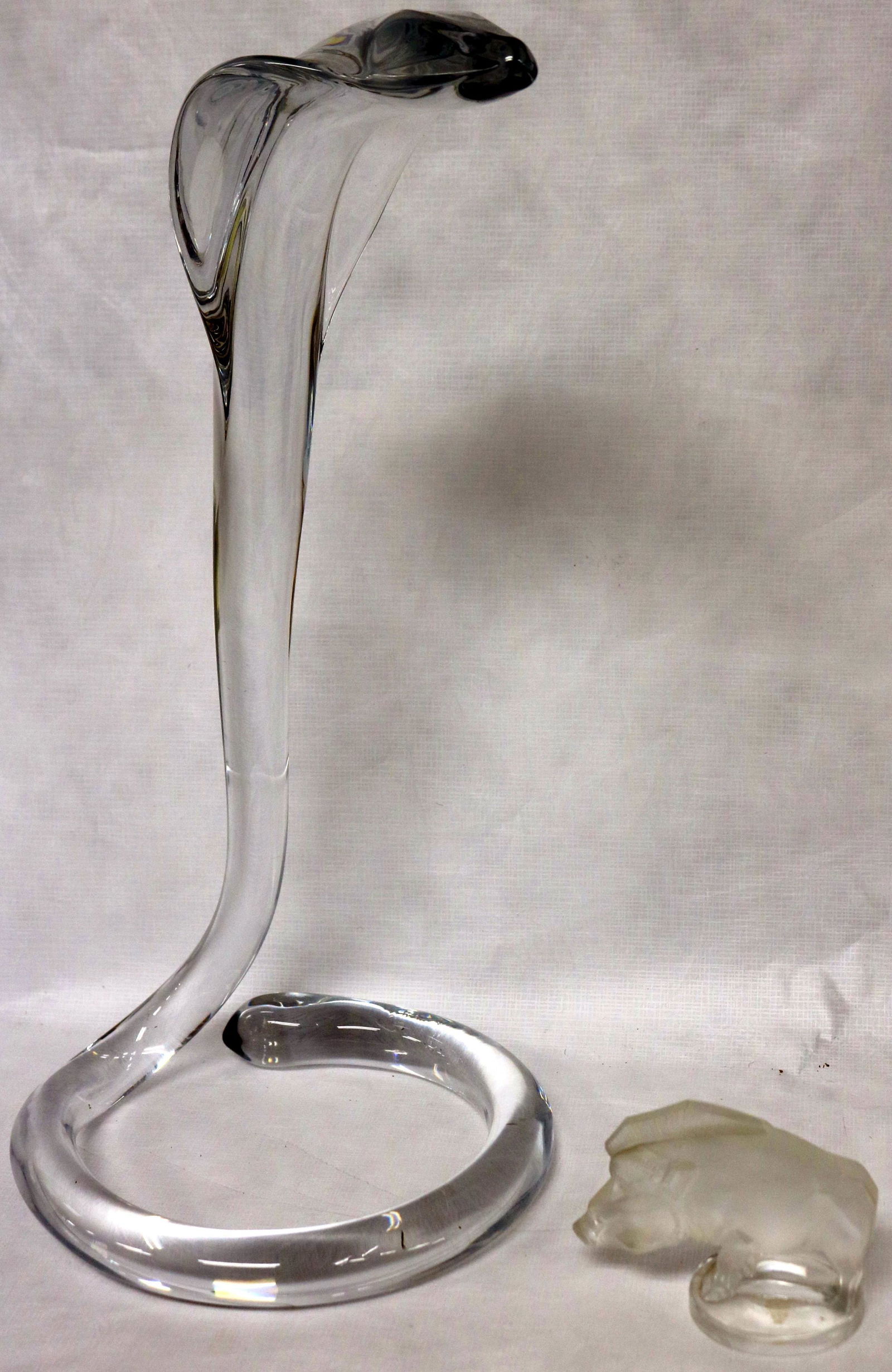 2 PCS. FRENCH GLASS, DAUM CRYSTAL COBRA & LALIQUE: BOAR, COBRA 15" H, 10" DIA. BOAR 2 3/4" H, 3 1/2" W