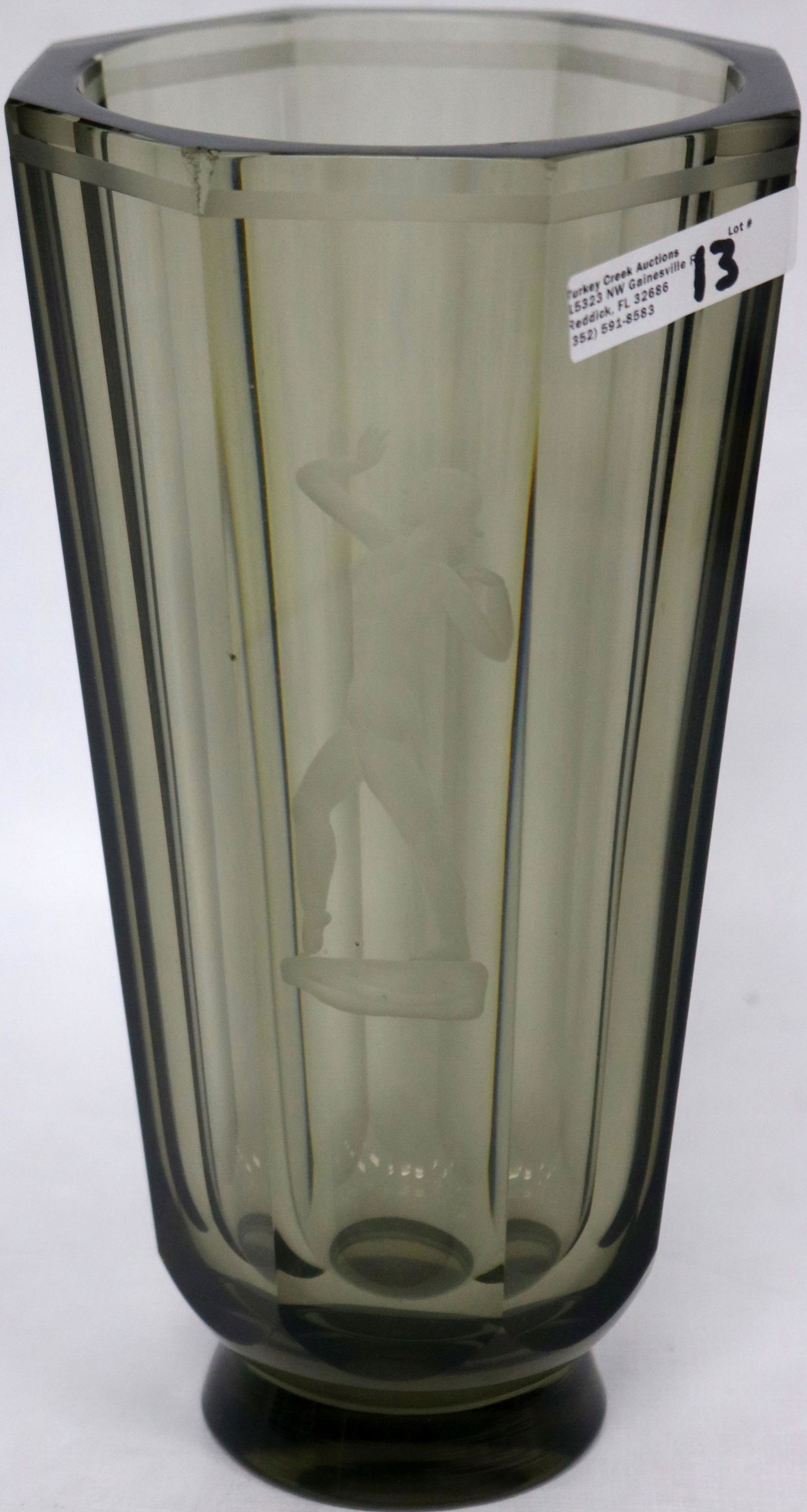 ORREFORS FACETED VASE WITH ENGRAVED NUDE WOMAN,: SMOKEY GLASS, SLIGHT ROUGHAGE ON 2 RIBS, 8 3/4" H, 4 3/4" DIA.