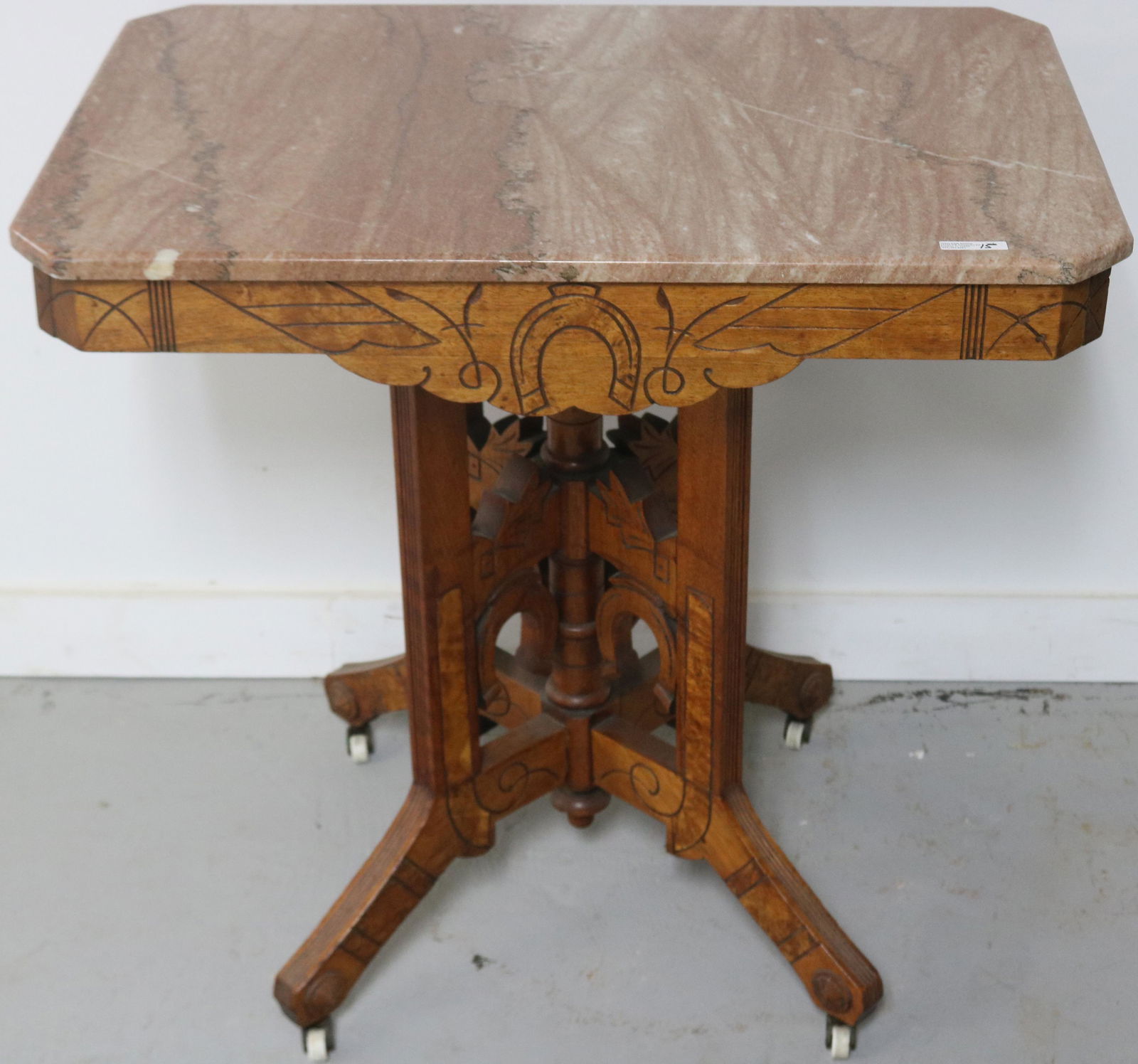 VICTORIAN WALNUT MARBLE TOP TABLE, BURL TRIM, (1 of 2)