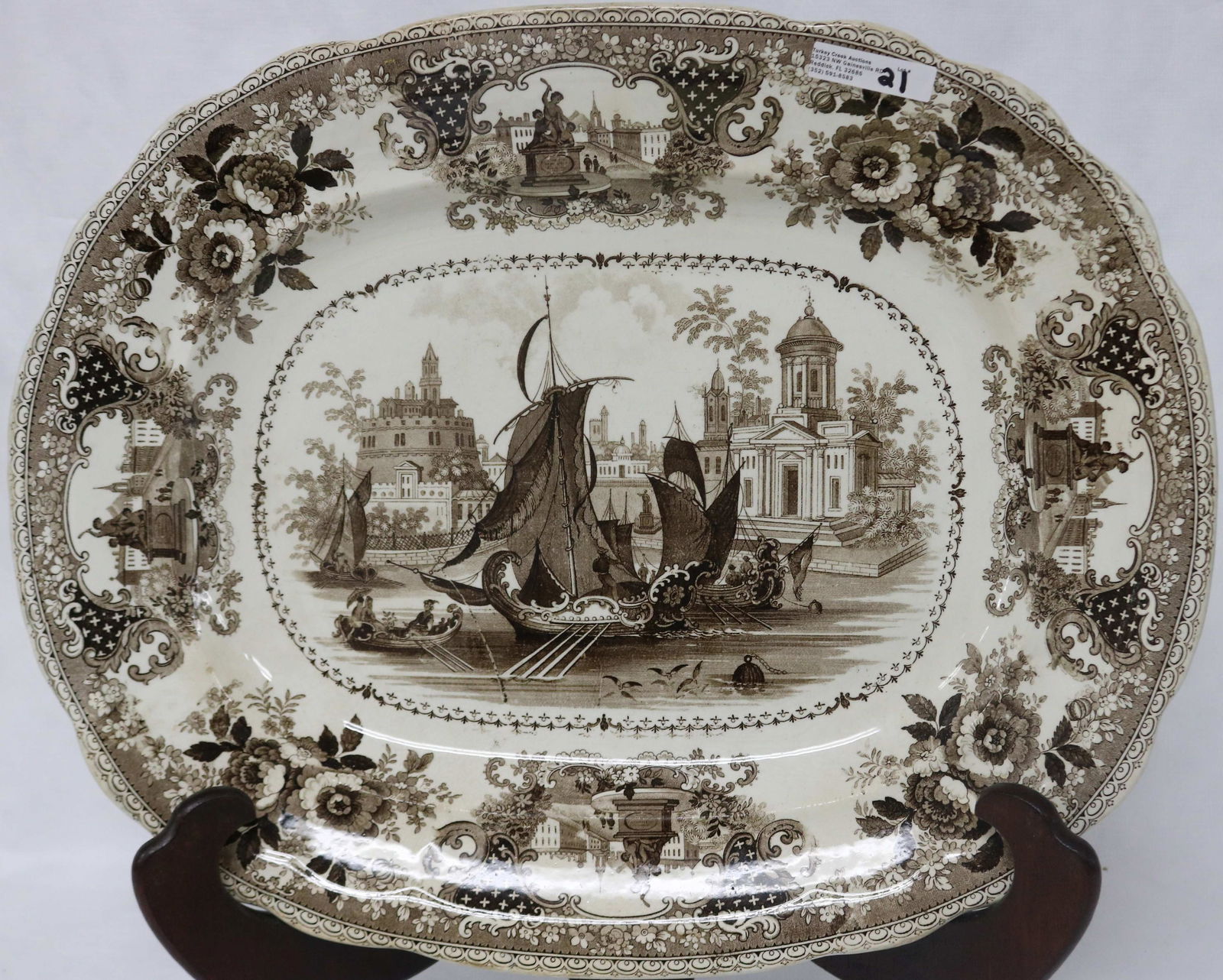 19TH C. BROWN TRANSFERWARE PLATTER, GONDOLA (1 of 2)