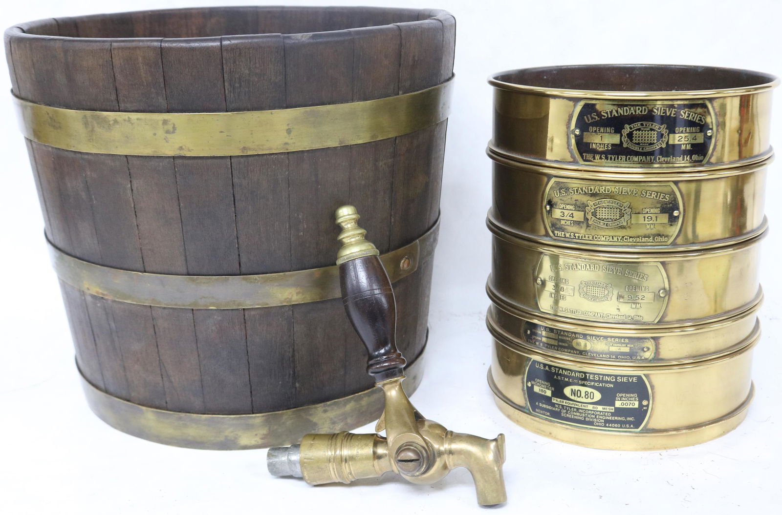 LOT TO INCLUDE, BRASS BOUND OAK BUCKET, 12" H, (1 of 1)