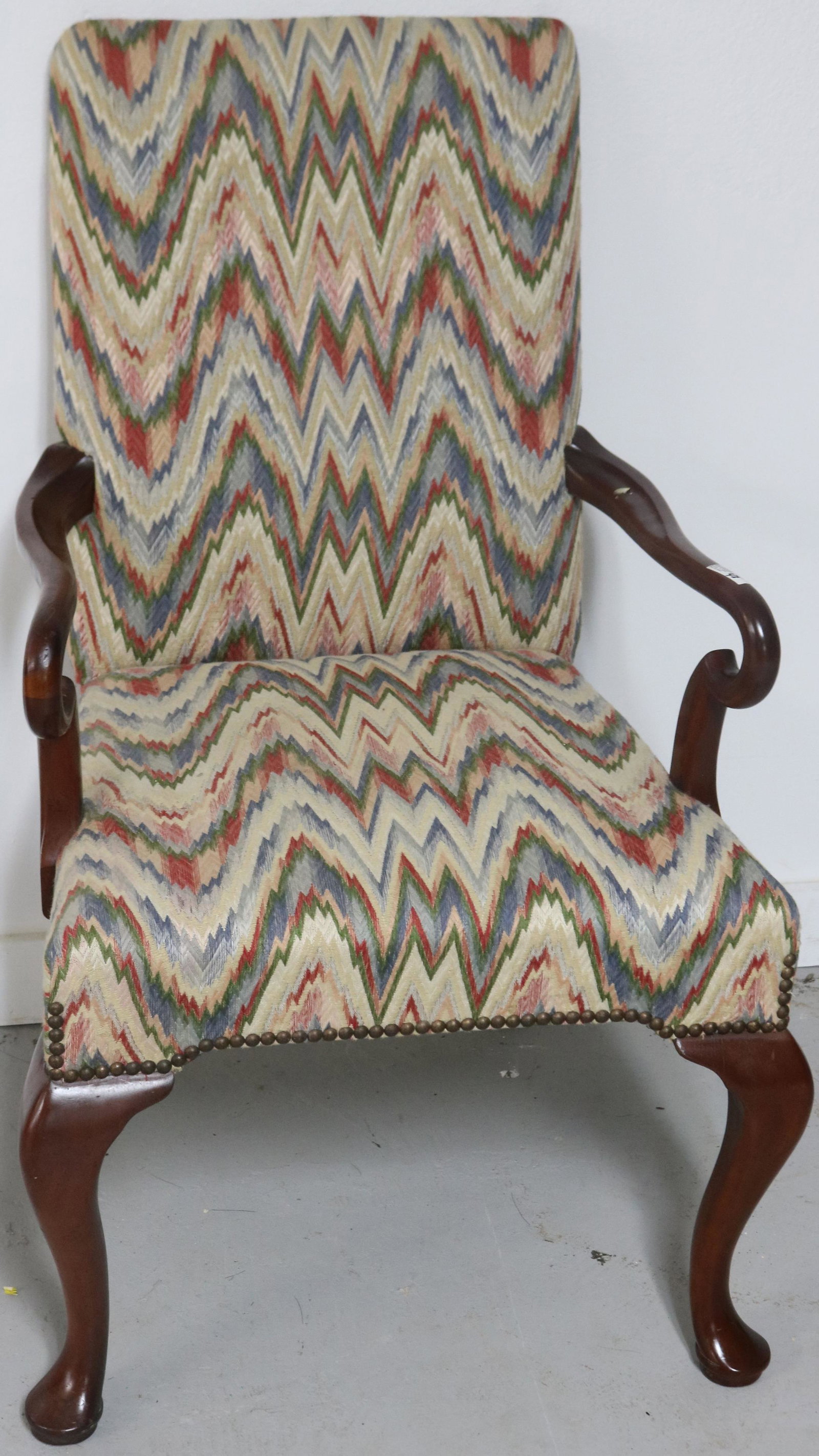 QUEEN ANNE STYLE LOLLING CHAIR WITH FLAME STITCH: UPHOLSTERY, 38" H, 24" W, 25" D, 19" SEAT HEIGHT