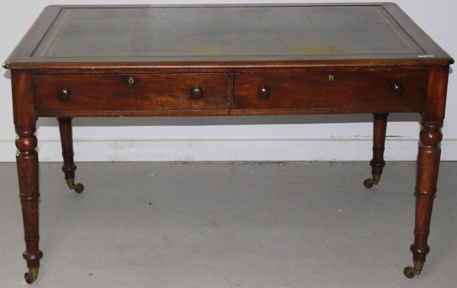 19TH C. MAHOGANY FLAT TOP PARTNERS DESK, LEATHER (1 of 2)