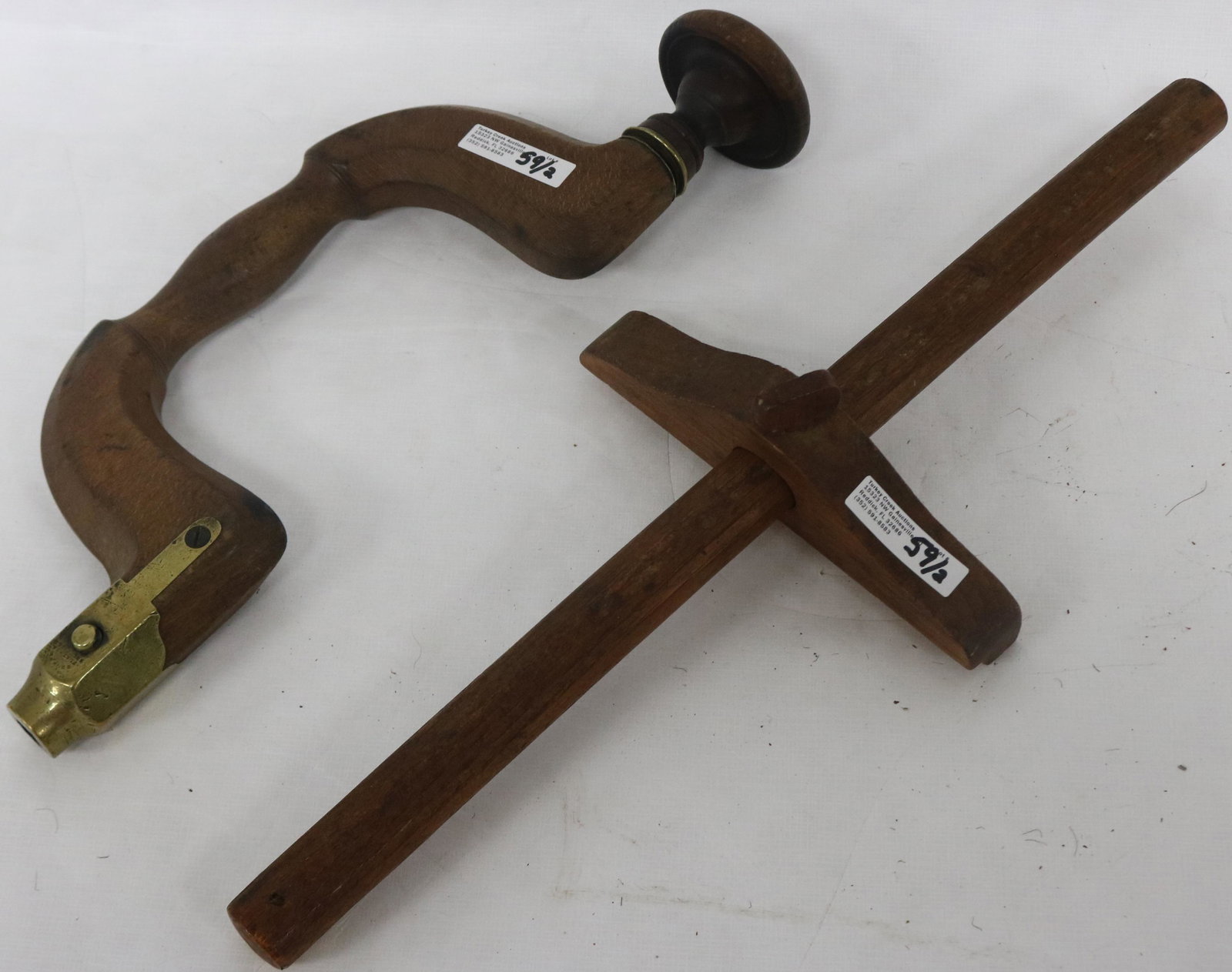19TH C. BIT BRACE WITH BRASS & BONE TRIM, BROWN &: FLATHER SHEFFIELD, TOGETHER WITH ADJUSTABLE SCRIBE WITH BONE TRIM, 14 1/4" - 18" L