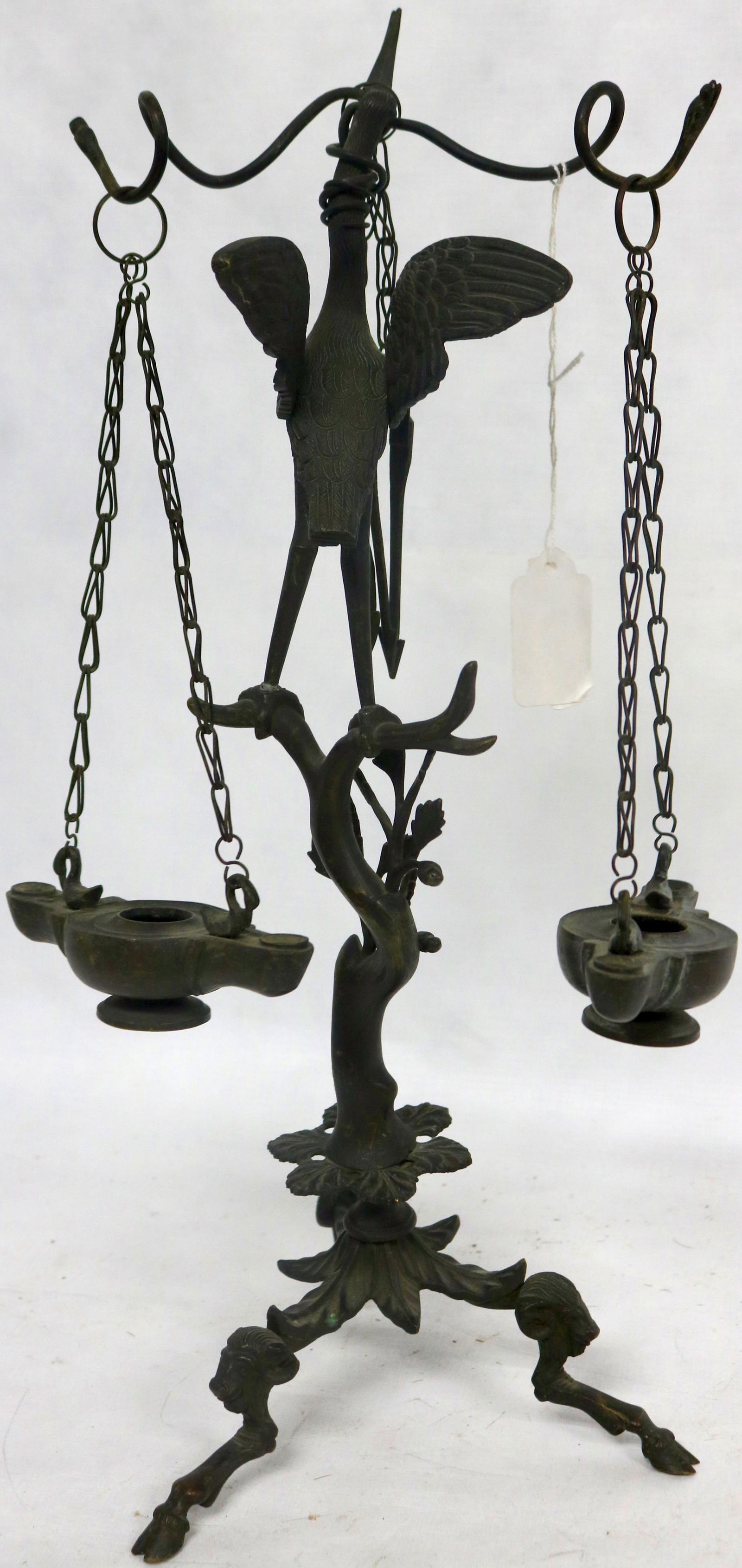 LATE 19TH C. FIGURAL BRONZE DOUBLE FLAT LAMP,: SNAKE, CRANE & RAM DESIGNS, DESIGN SHOWS CRANE WITH SNAKES HOLDING LAMPS ON BRANCH WITH RAMS HEAD & HOOF FEET, OLD PATINA, 16 1/4" H, 7" W