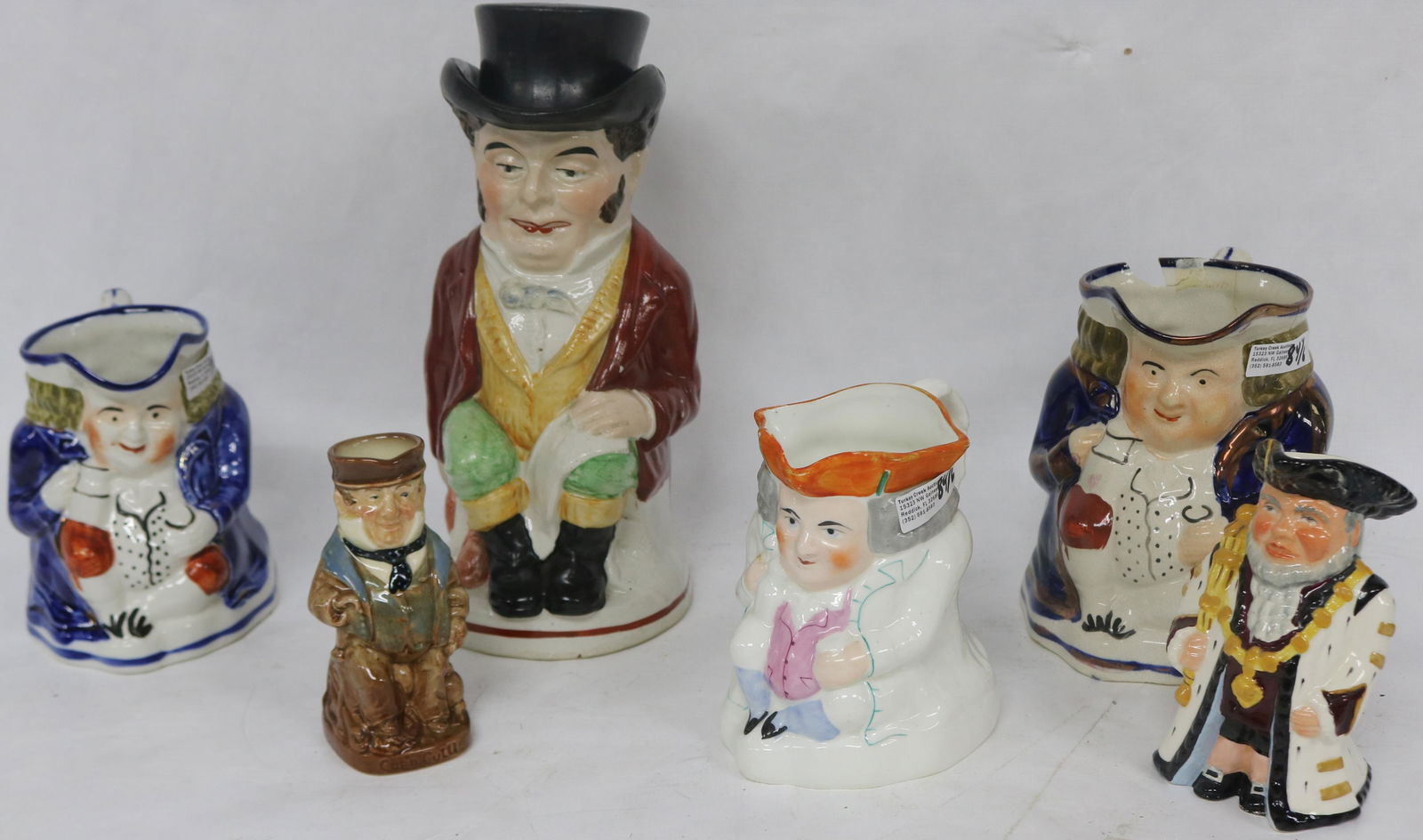 6 TOBY PITCHERS, 19TH & 20TH C. STAFFORDSHIRE MAN (1 of 4)