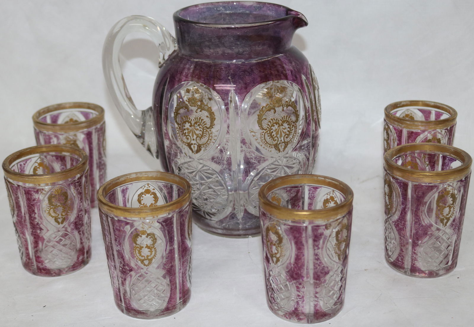 19TH C. 7 PC. WATER SET, CUT GLASS WITH AMETHYST (1 of 1)
