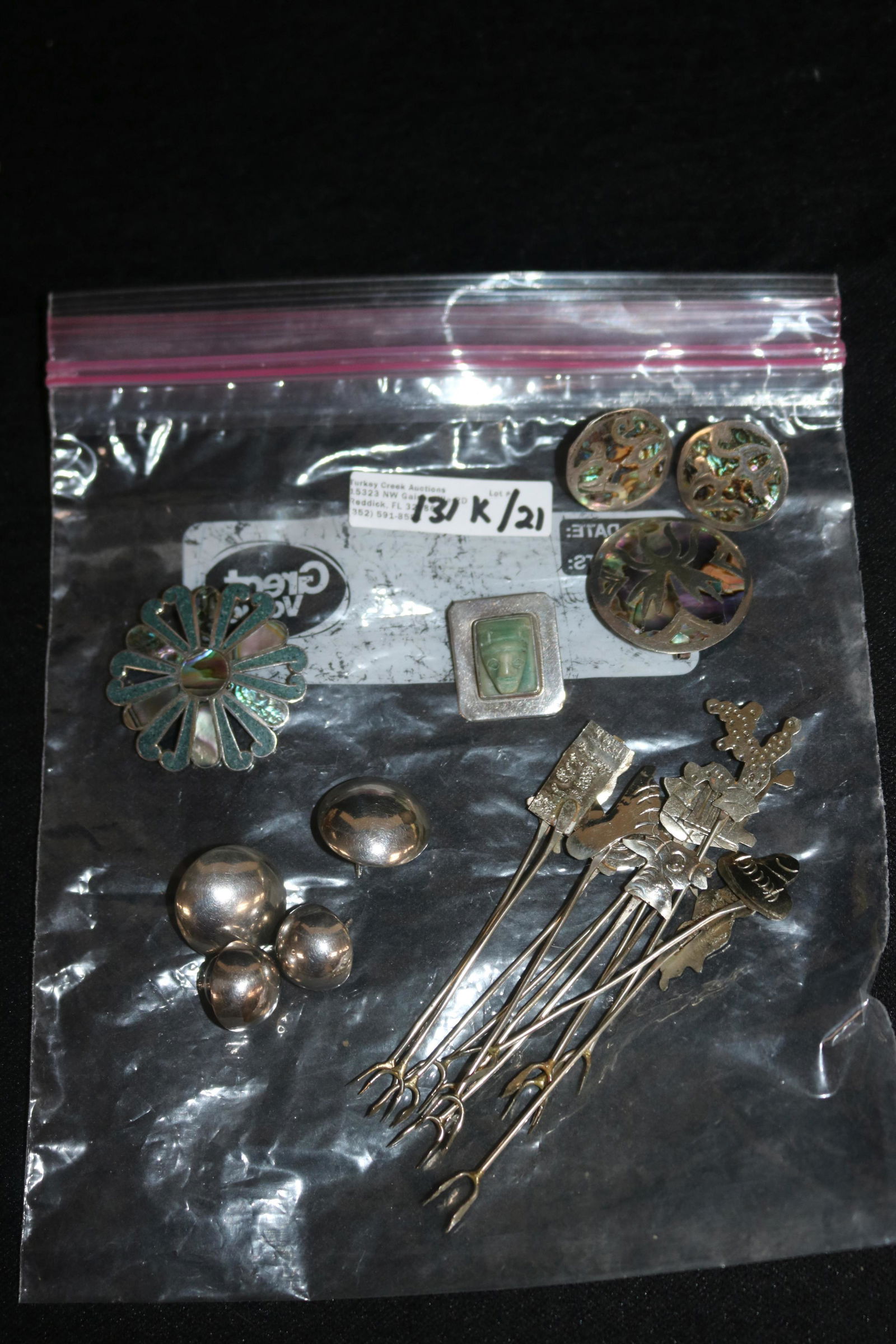 LOT MEXICAN SILVER JEWELRY & FORKS, ABALONE PIN & (1 of 1)