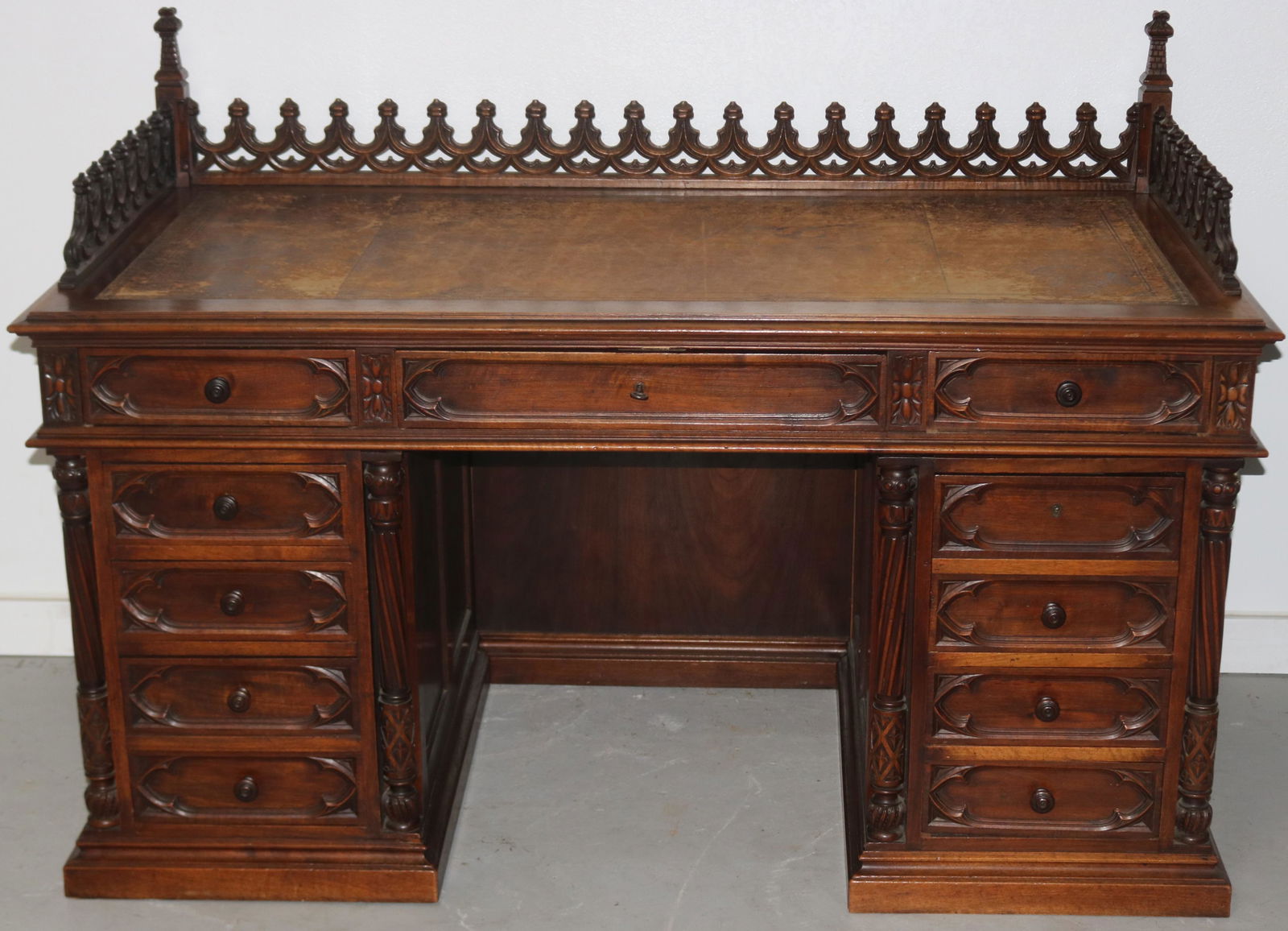 19TH C. GOTHIC STYLE WALNUT DOUBLE BANK DESK, (1 of 5)