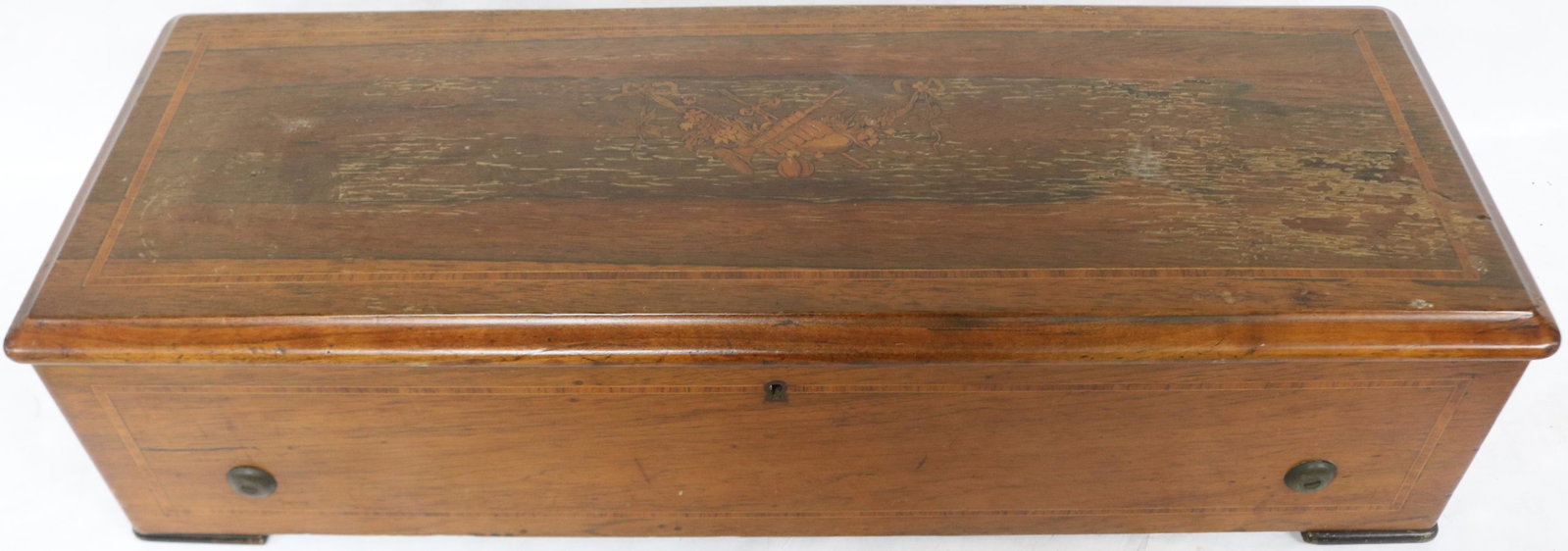 LATE 19TH C. INLAID SWISS MUSIC BOX, 12 TUNE: CYLINDER, WORKING, SHOWS 5 TOOTH TIPS MISSING, OLD ORIGINAL FINISH, VARNISH LOSS TO TOP