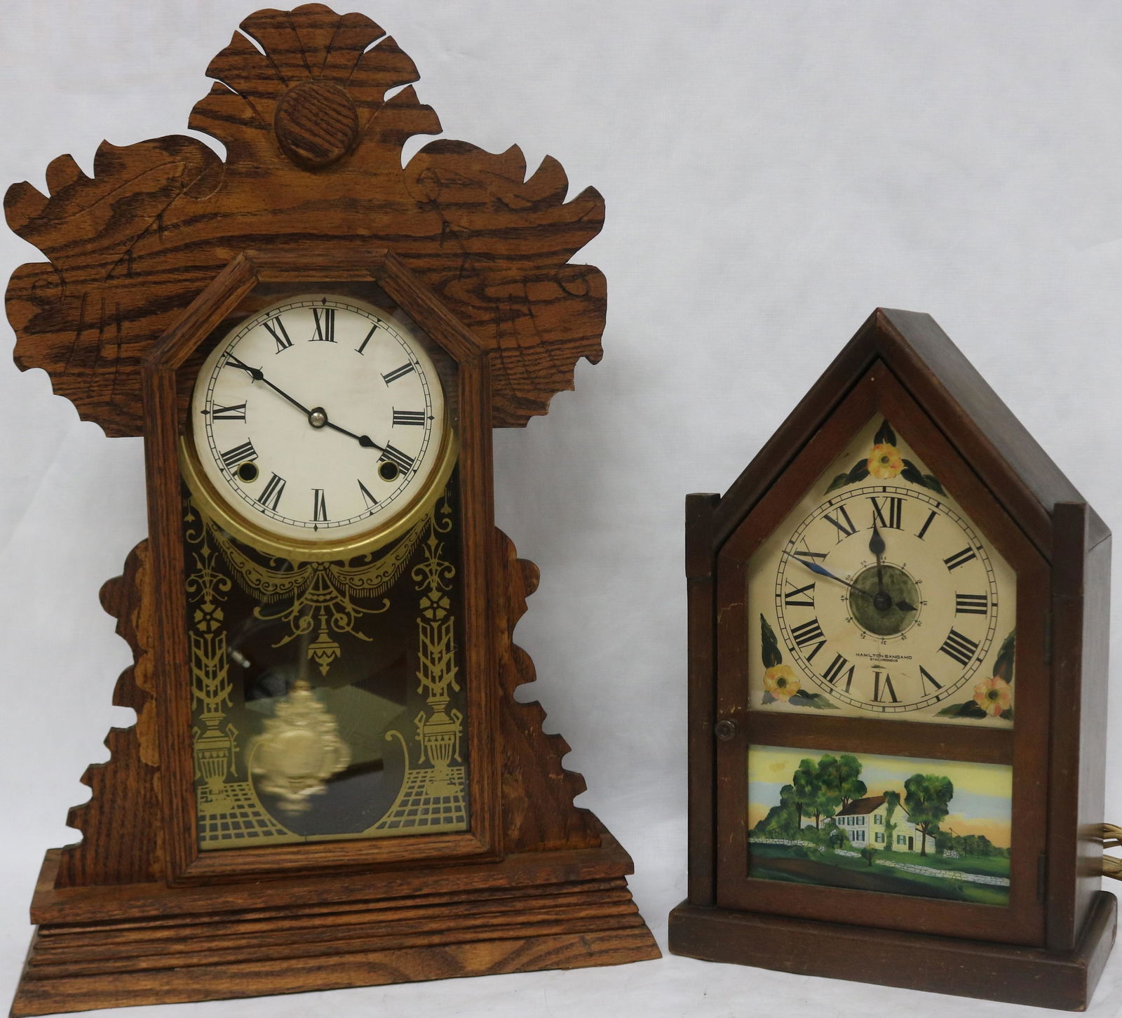 2 CLOCKS, LATE 19TH C. GINGERBREAD CLOCK 21 3/4" (1 of 2)