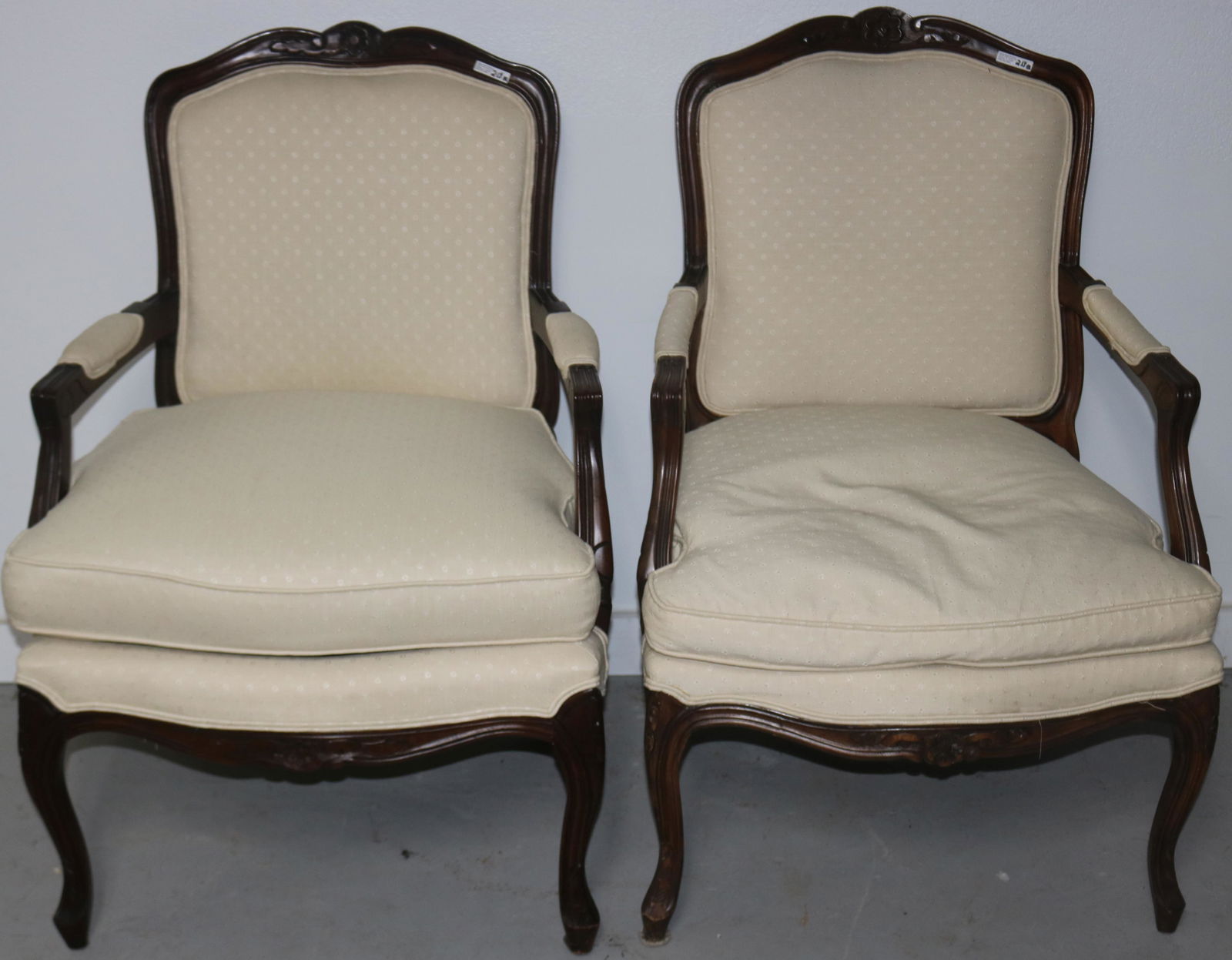 2 SIMILAR HENREDON FRENCH STYLE OPEN ARM CHAIRS,: CARVED FRAME, UPHOLSTERED BACK, SEAT & ARMS, MATCHING CUSHION, 36 1/2" H, 26" W, 22 1/2" D, 22" SEAT HEIGHT