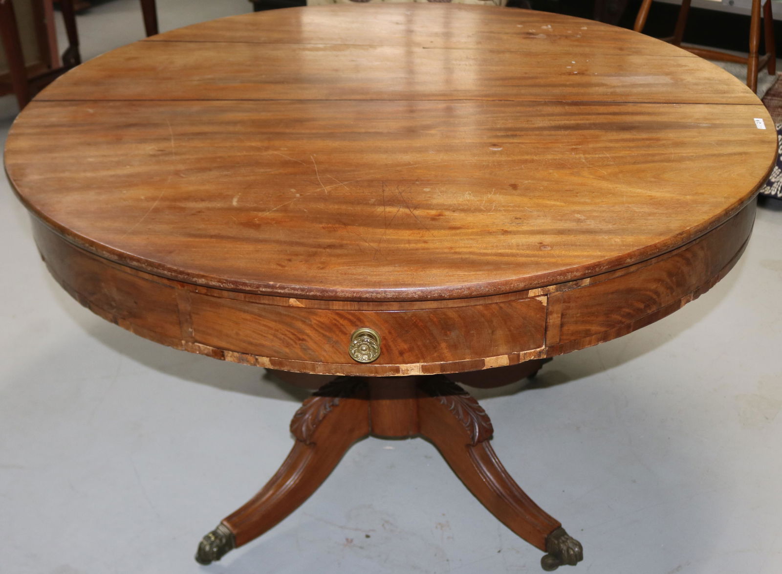19TH C. MAHOGANY RENT STYLE TABLE, ROUND TOP WITH (1 of 4)