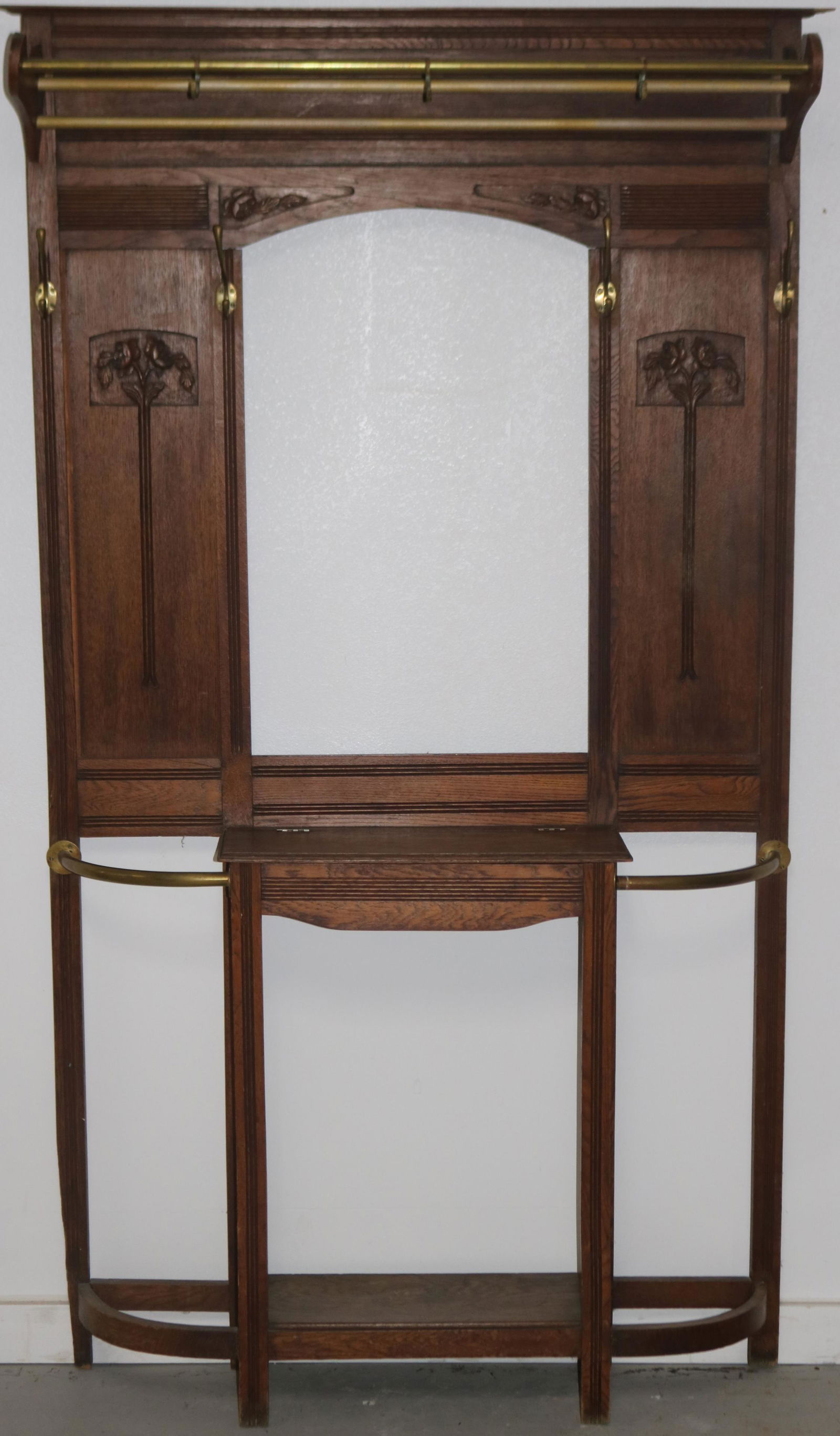 ENGLISH OAK HALL STAND WITH MIRROR, HOOK & BRASS (1 of 1)