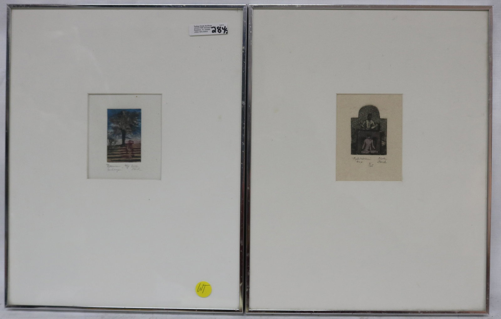 2 FRAMED & GLAZED ENGRAVINGS BETH FORD, "AMERICAN: LANDSCAPE" A.P. 4" X 3 1/2" SIGHT, 14 1/4" X 11 1/4" OVERALL, "MEDITATION BOX" 3/25, 4" X 3 1/2" SIGHT, 14 1/4" X 11 1/4" OVERALL