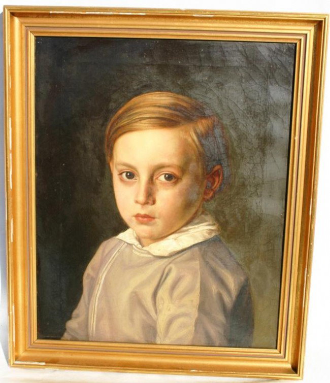 OIL ON CANVAS, 19TH C. PORTRAIT OF A BOY: SIGNED ON BACK JOHAN PIRKER 1855??, 16 1/2 X 13 1/2