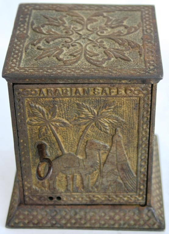VICTORIAN CAST IRON BANK, EGYPTIAN MOTIF,: MARKED ARABIAN SAFE, 4 5/8" H, 4 1/4" W, 4 1/4 D