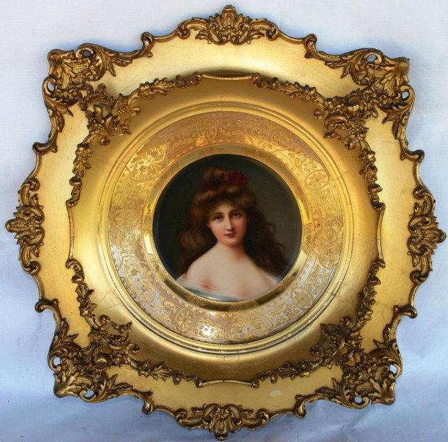 ORNATELY FRAMED 19TH C. VIENNA PORTRAIT PLATE,: SIGNED WAGNER, ENTITLED "MEDITATION", PLATE SIZE 10" DIA.