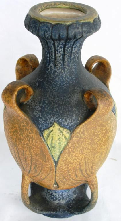 ART NOUVEAU POTTERY VASE, PROBABLY: AMPHORA, INCISED LEAF DESIGN, APPROX. 11" H