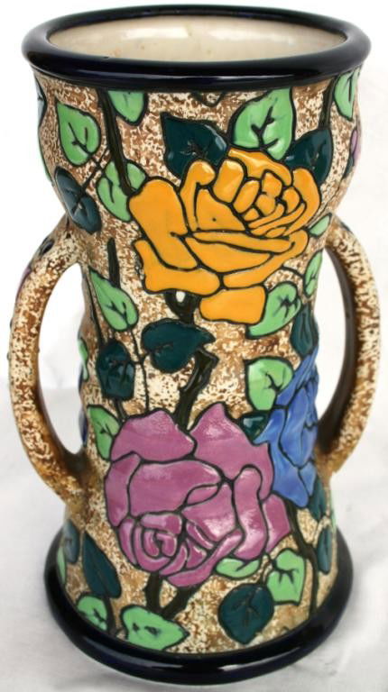 CZECHOSLOVAKIA AMPHORA HANDLE VASE: WITH DECO FLORAL DESIGN, 10" H