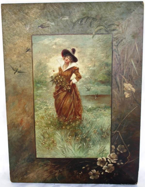 19TH C. PAINTING ON BOARD "AMONG THE DAFFODILLIES: WITH BIRD & LANDSCAPE BORDER, SIGNED HELEN WINSON, 24 X 17 1/2