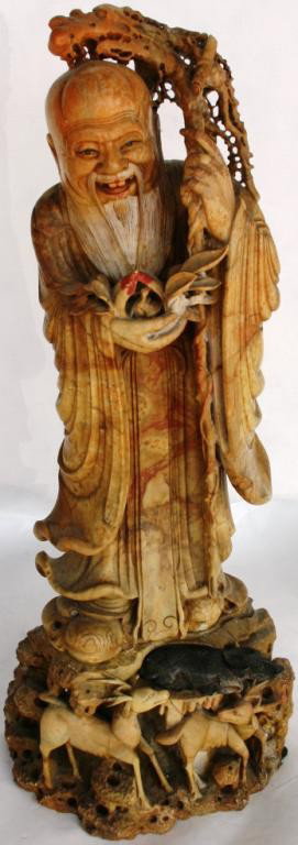 EXCEPTIONAL 3 PART SOAPSTONE FIGURE: OF IMMORTAL WITH ANIMALS, 22" H