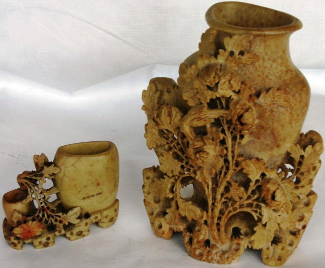 TWO SOAPSTONE VASES, LARGE & SMALL,: 9 1/2" H, & 3 1/2" H