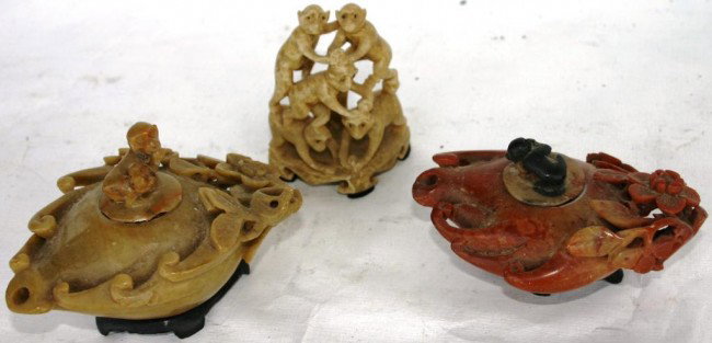 LOT OF 3 PCS. OF SOAPSTONE TO INCLUDE: TWO INCENSE BURNERS, AND MONKEY GROUP