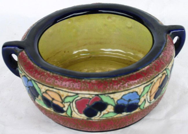 AMPHORA HANDLED BOWL WITH BUTTERFLY &: FLORAL DESIGN, 3 1/4" H, 8 1/2" W