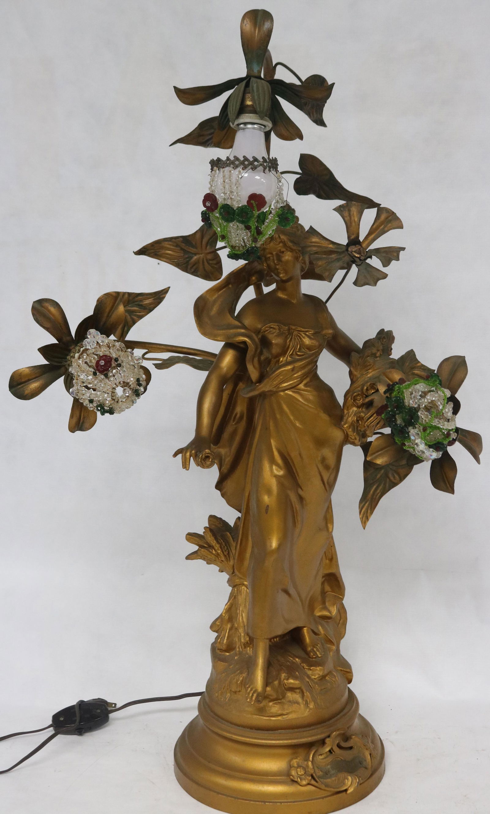 ART NOUVEAU METAL FIGURE OF A WOMAN "SENTIER: FLEURI" AFTER PER LOUIS MOREAU, 3 BRANCH FLORAL & LEAF ARMS WITH 3 LIGHTS, BEADED SHADES, ALL SHOW SOME AS IS, 34" H, 20 1/2" W, 14" D