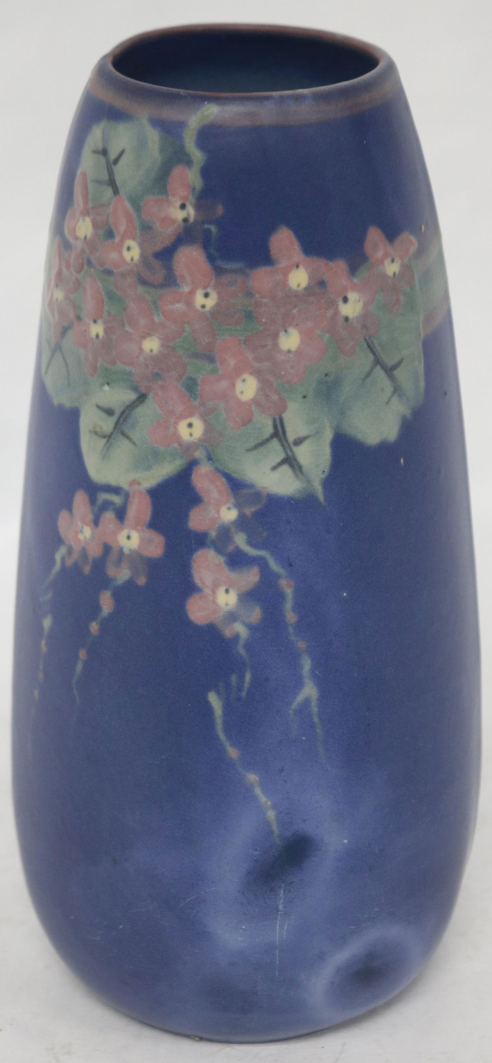 WELLER HUDSON VASE, BLUE FIELD, FLORAL DESIGNS, (1 of 3)