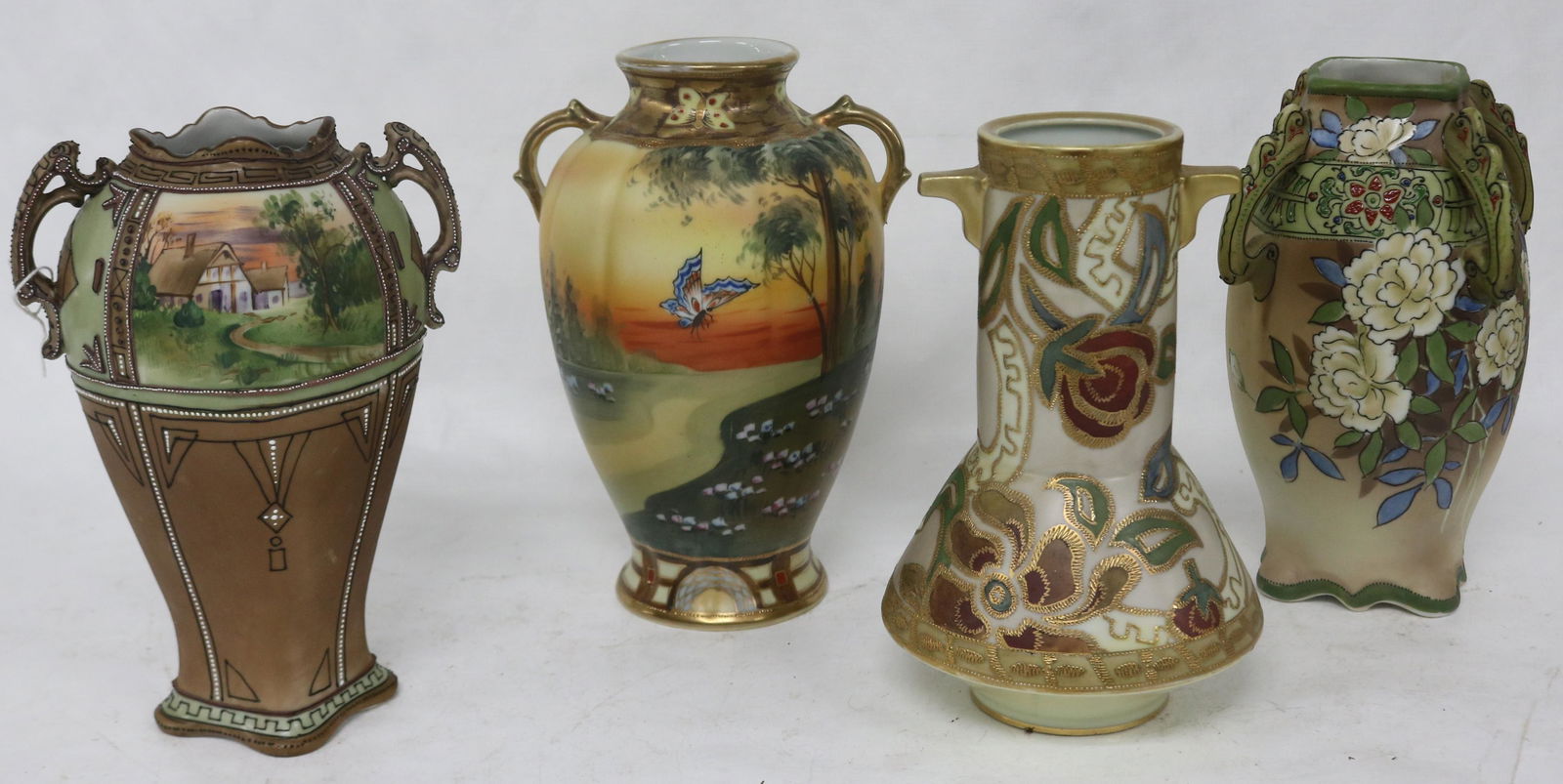 4 NIPPON 8" - 8 1/2" H, VASE, 2 WITH SCENIC: DECORATION, 2 WITH FLORAL DESIGNS, ALL IN GOOD CONDITION