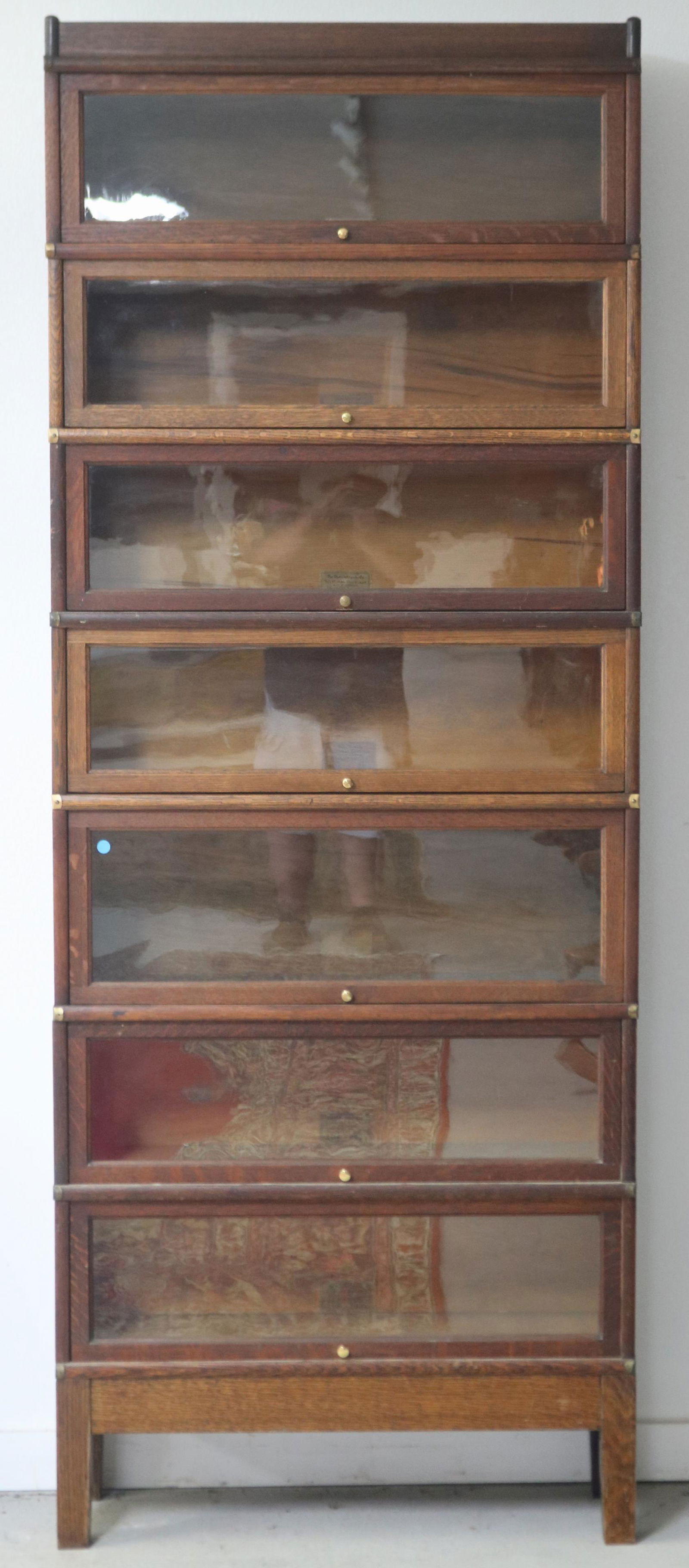 GLOBE WERNICKE 7 STACK OAK BOOKCASE, METAL BAND (1 of 1)