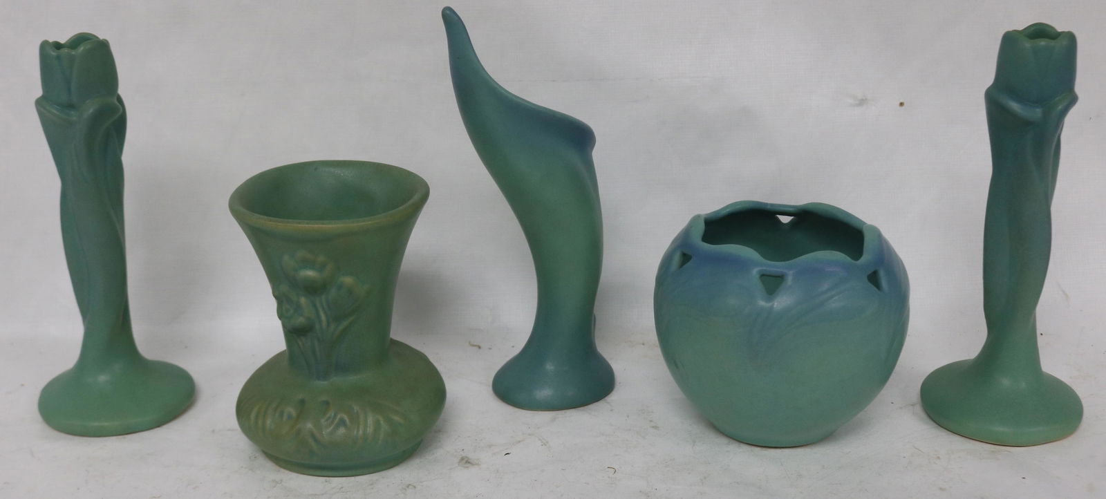 5 PCS. VAN BRIGGLE POTTERY, PAIR 8" CANDLESTICKS, (1 of 2)