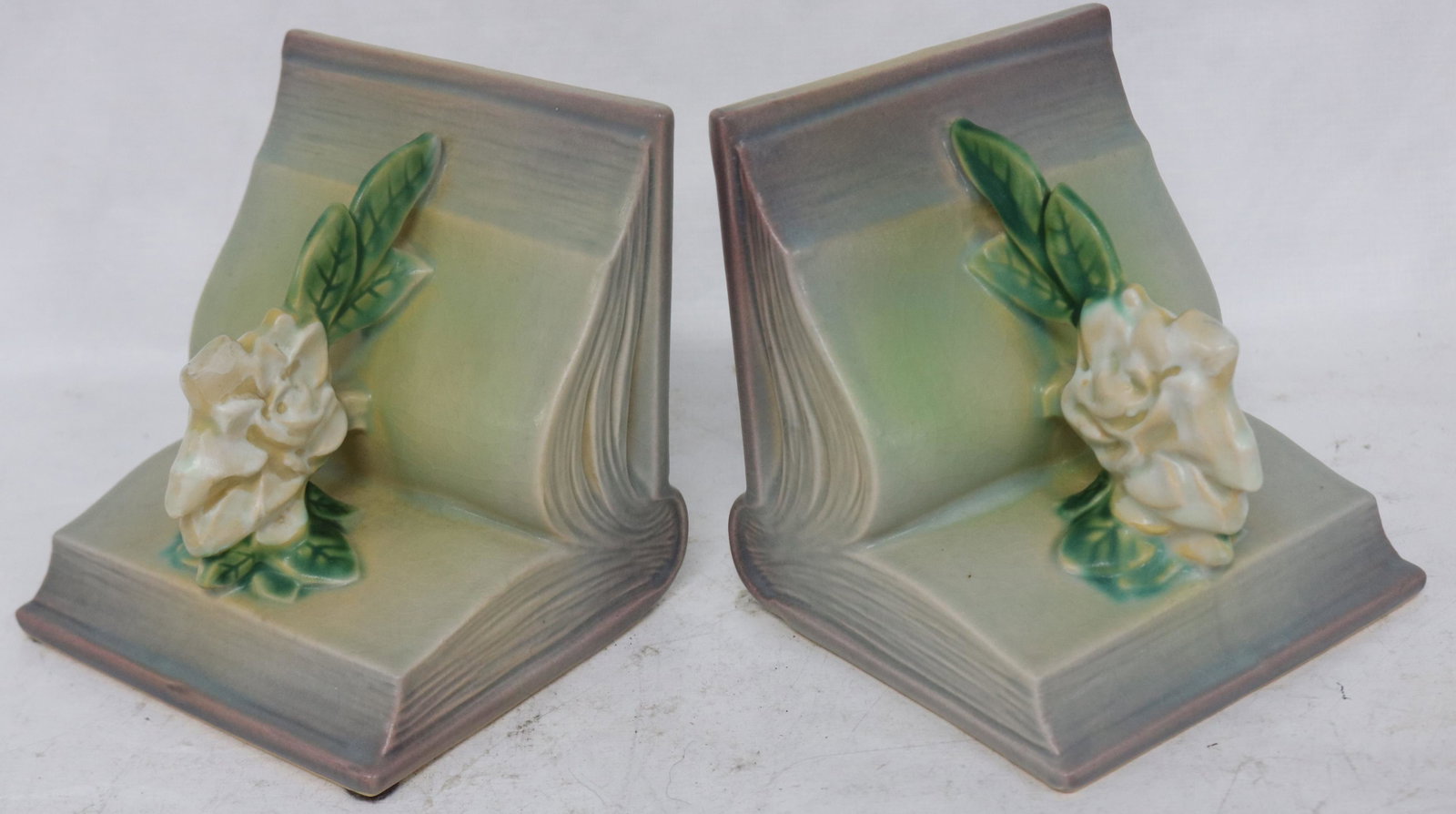 PAIR ROSEVILLE GARDENIA BOOK ENDS, #659, 5 1/2": H, 5 1/4" W, 4 3/4" D
