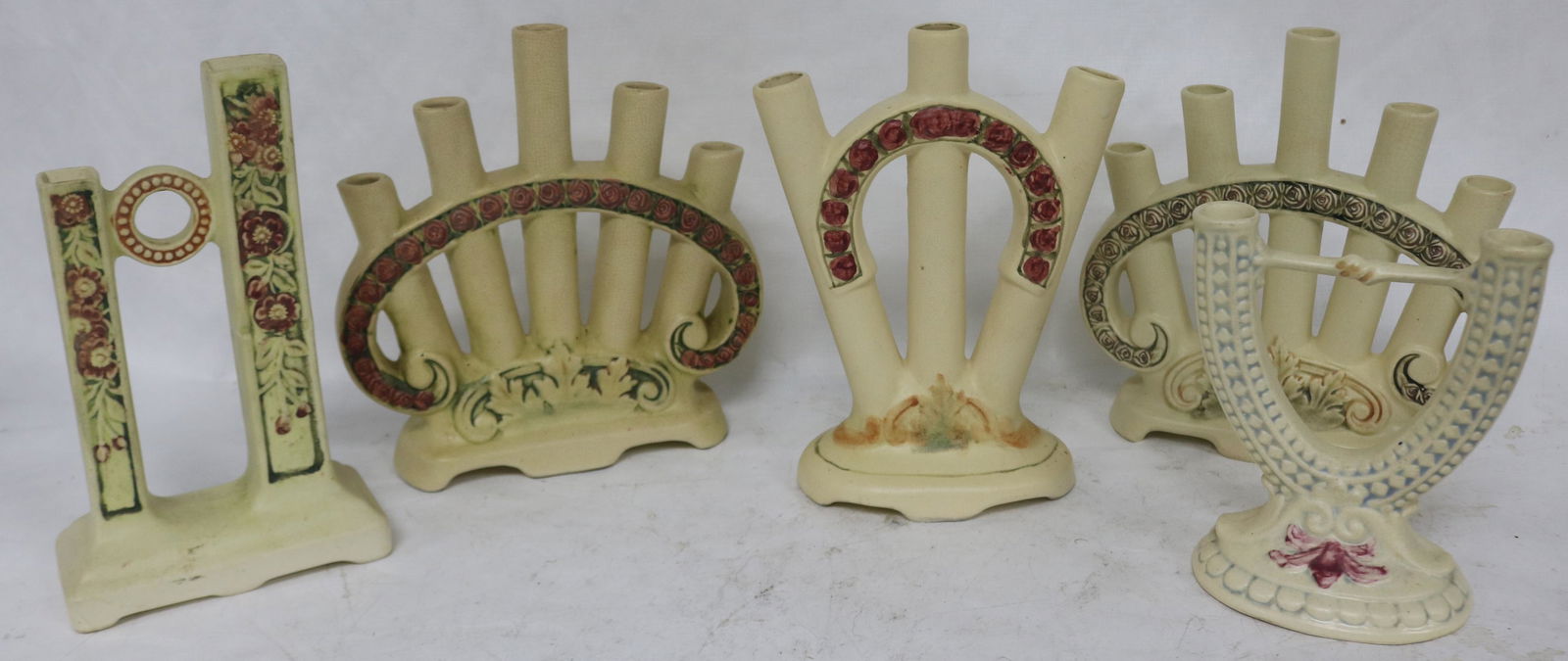 LOT OF FIVE WELLER "ROMA" BUD VASES, 2 - 5 TUBES, (1 of 2)