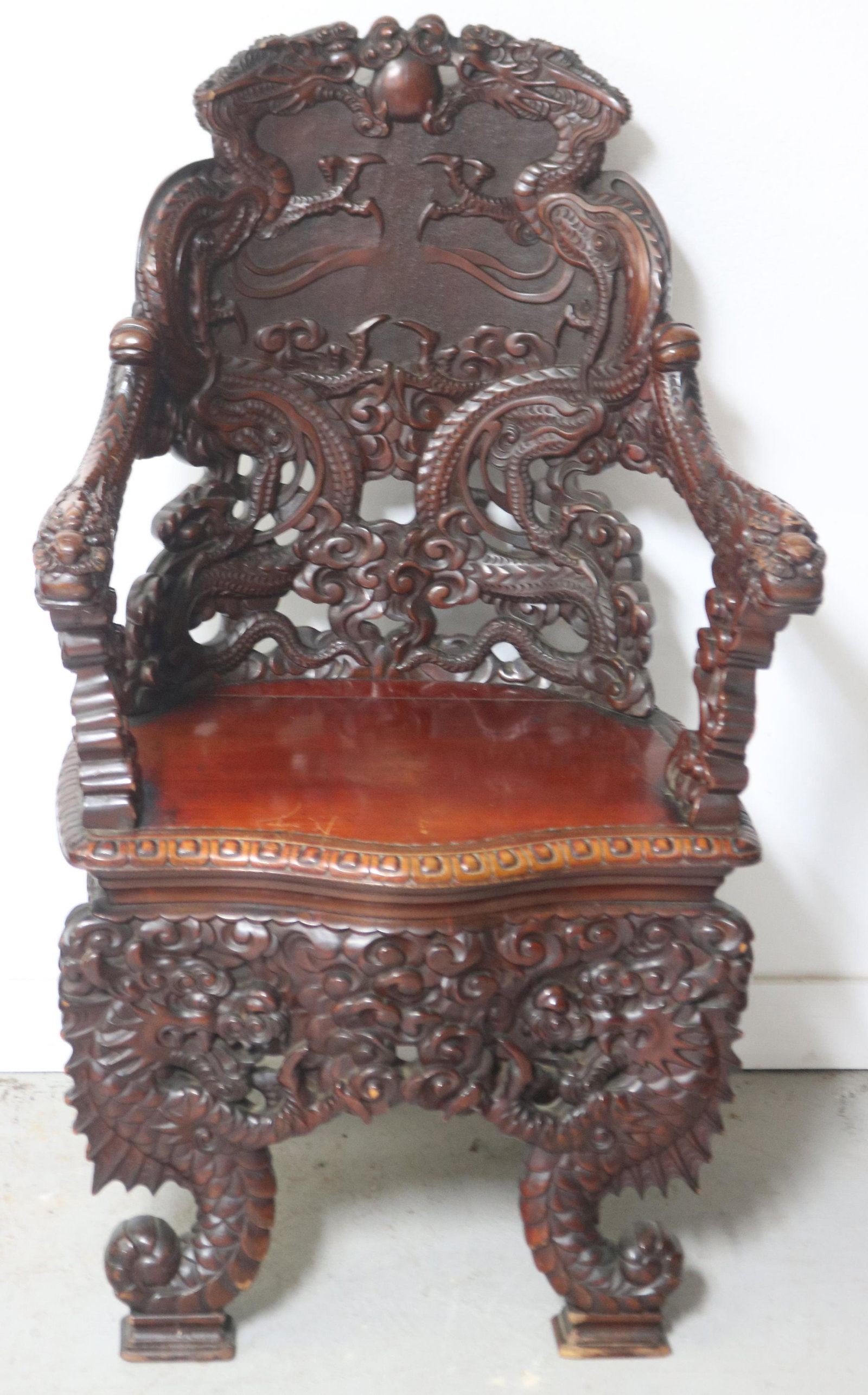 EARLY 20TH C. ORNATELY CARVED DRAGON MOTIF ARM: CHAIR, 3 TOE DRAGON, DRAGON HEAD ARMS, ORIGINAL FINISH, 40 1/2" H, 24" W, 18" D