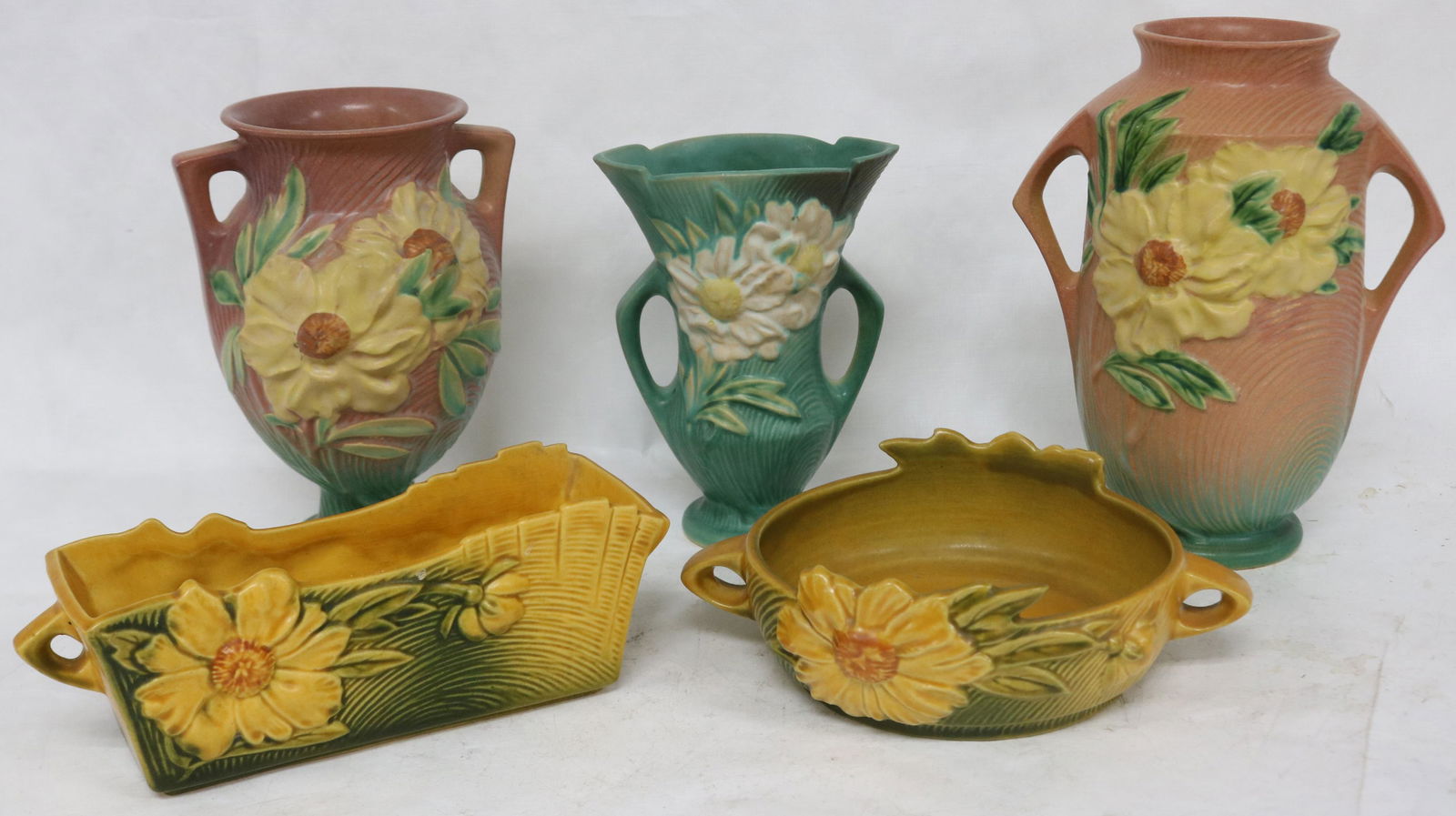 5 PCS. ROSEVILLE, PEONY, 65-9" VASE, 60-7" VASE, (1 of 2)
