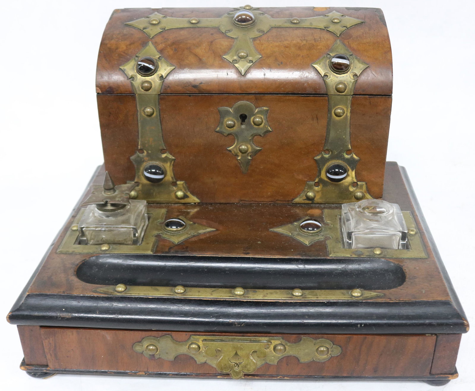 LATE 19TH C. BRASS BOUND BURL WOOD INK STAND WITH (1 of 4)