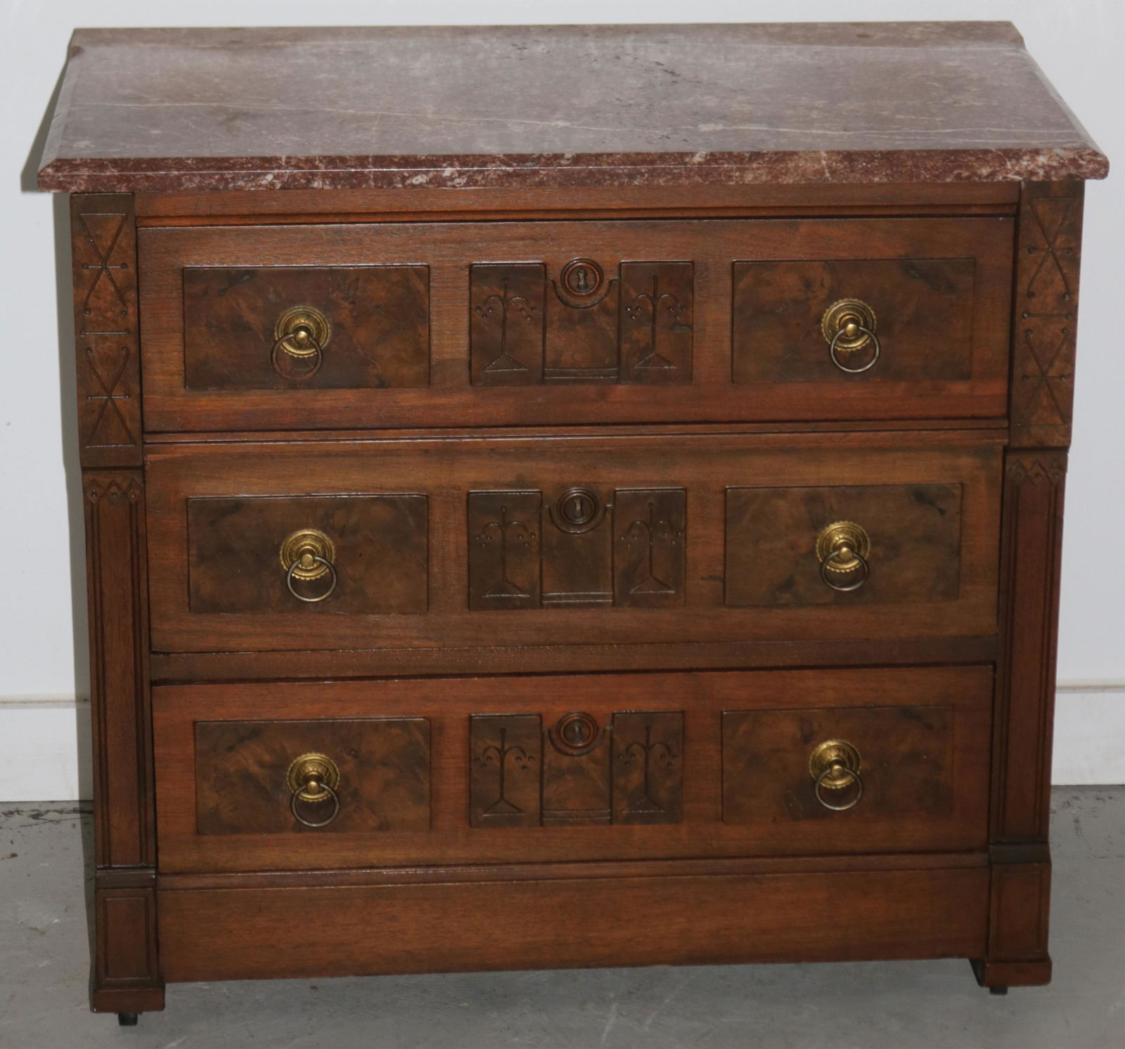 VICTORIAN WALNUT 3 DRAWER CHEST WITH BROWN MARBLE (1 of 1)