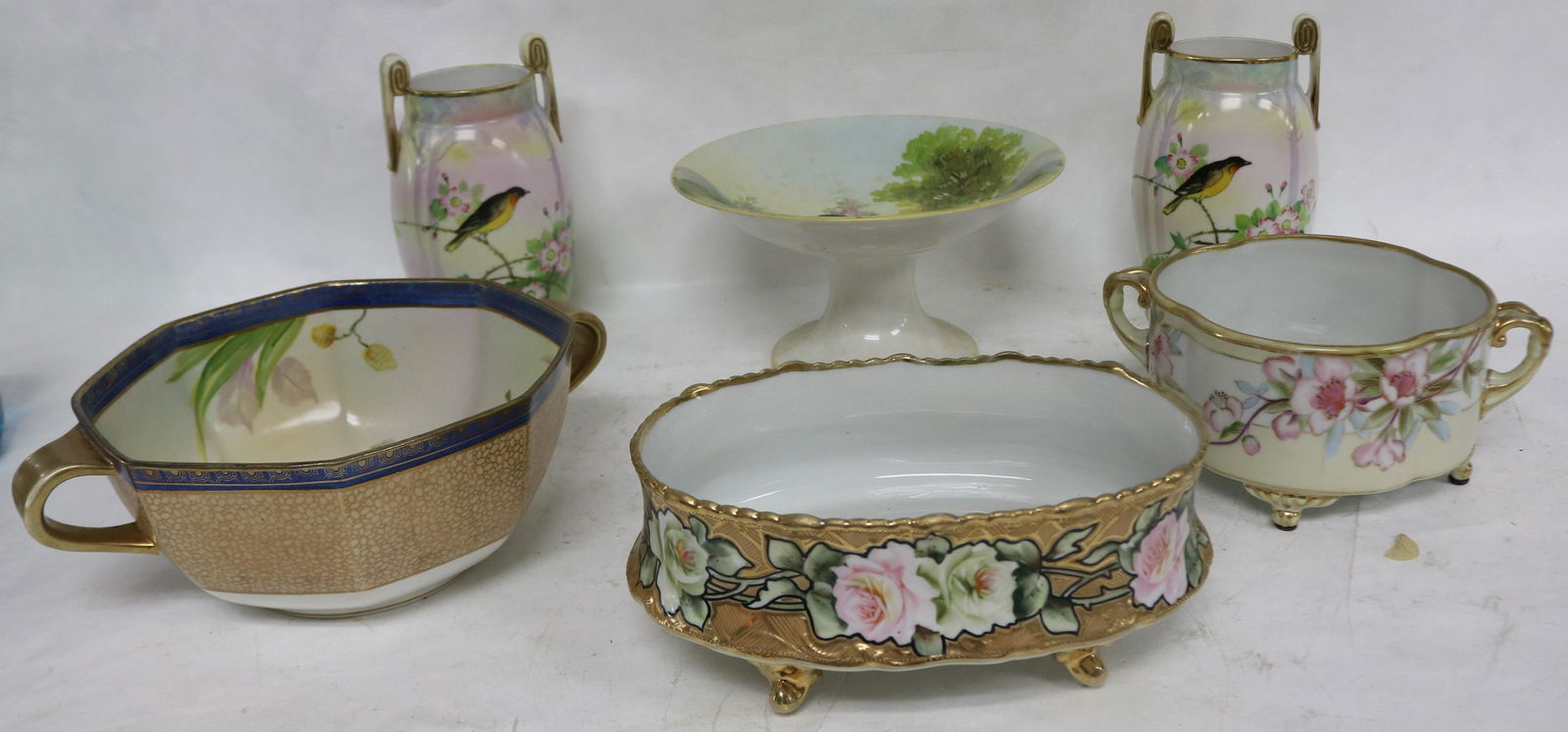 6 PCS. NIPPON, PAIR 7 1/2" VASES WITH BIRDS, 4 (1 of 2)