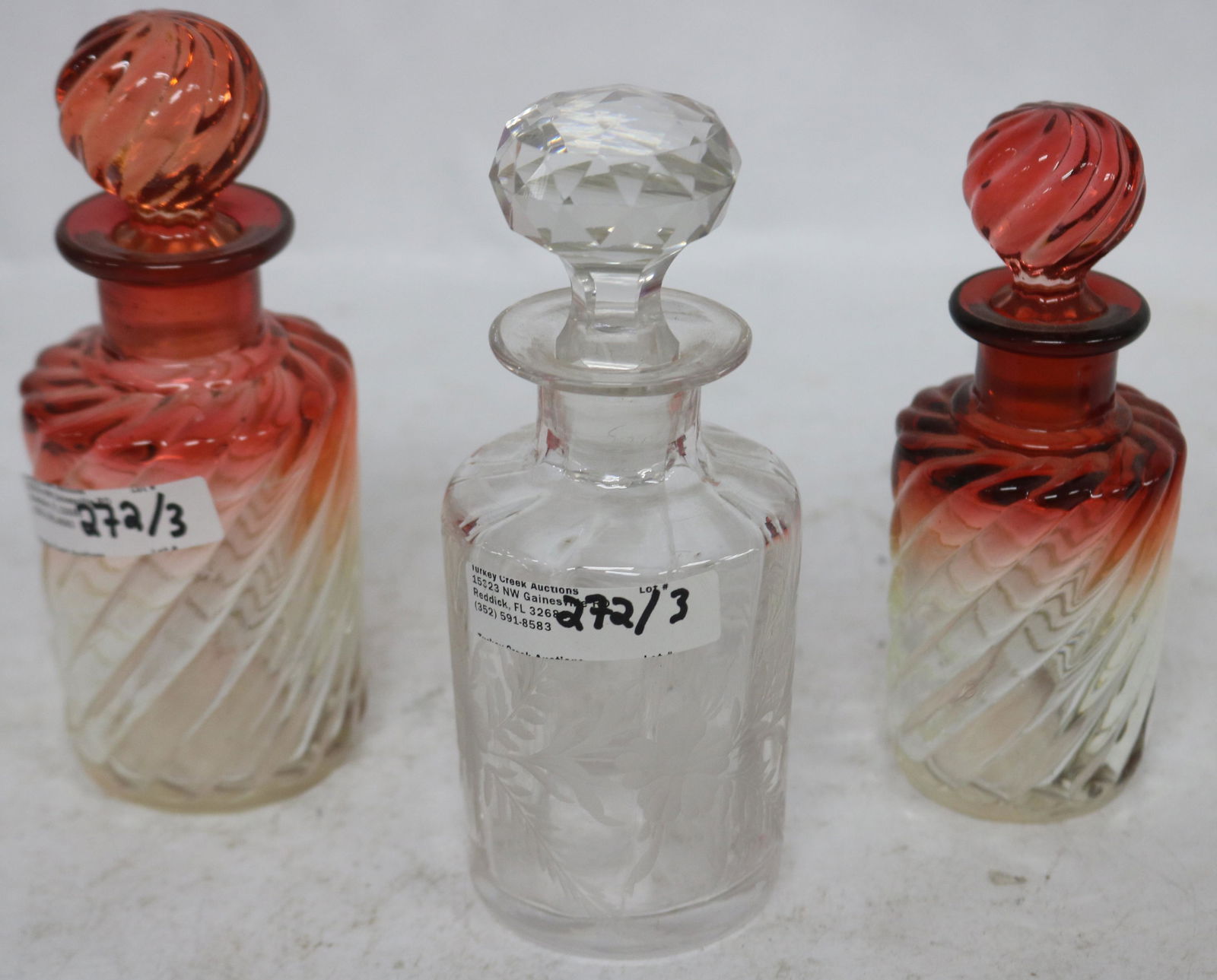 3 STOPPERED BOTTLES, 2 RUBINA BACCARAT SWIRL, 5" (1 of 1)