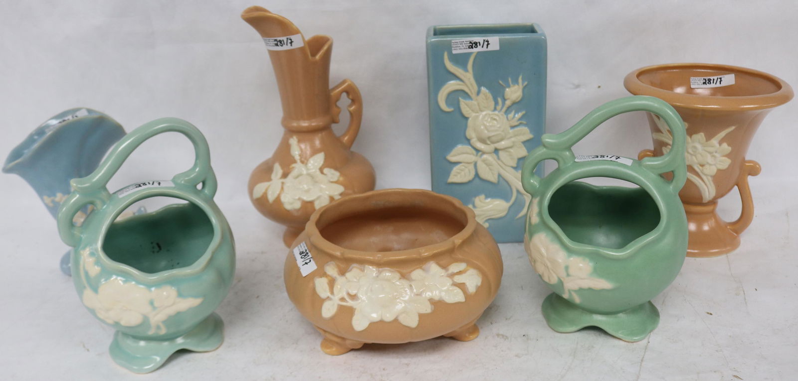 7 PCS. WELLER CAMEO, VASES, EWER, BASKETS & BOWL, (1 of 2)
