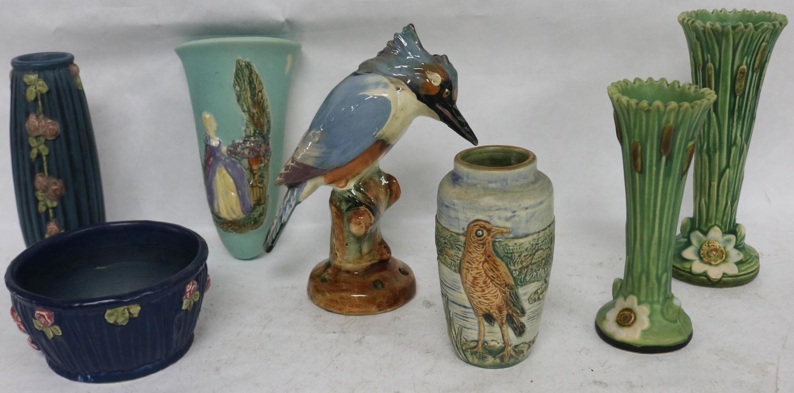 7 PCS. WELLER POTTERY, 2 ANDSLEY VASES, 7 1/2" & (1 of 2)