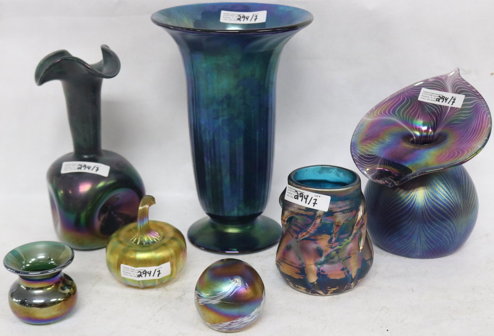 7 PCS. CONTEMPORARY ART GLASS, VASES, PAPER: WEIGHTS, ETC. SOME SIGNED & DATED 80S & 90S, 2" - 8 1/2" H, NO DAMAGE