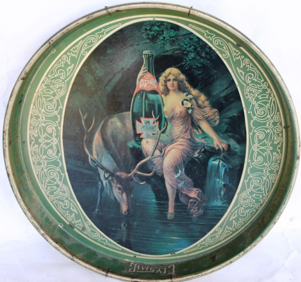 MID 20TH C. LITHO TIN ADVERTISING TRAY, GLYSMIC: KING OF TABLE WATERS, OLD REPRODUCTION, 14" DIA.