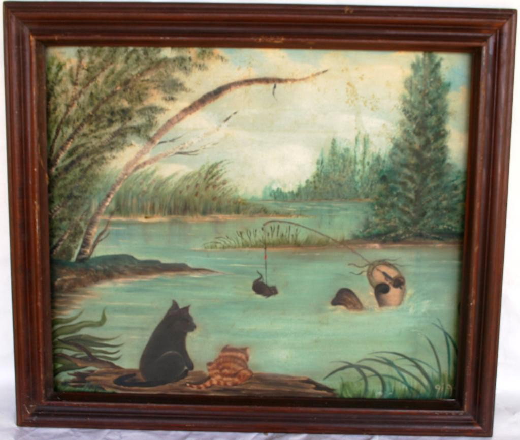 FRAMED OIL ON BOARD, FOLK ART FANTASY PAINTING: DEPICTING CATFISH WITH ROD & MOUSE BAIT, FISHING FOR CATS, 22 X 28, SIGNED GIGI