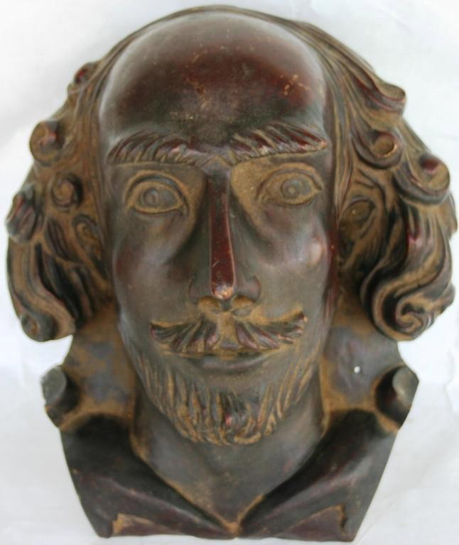 LARGE CARVED WALNUT HEAD OF SHAKESPEARE: OR IS IT FRANCIS BACON?, PROBABLY CREST TO A PIECE OF FURNITURE, 10 3/4" H