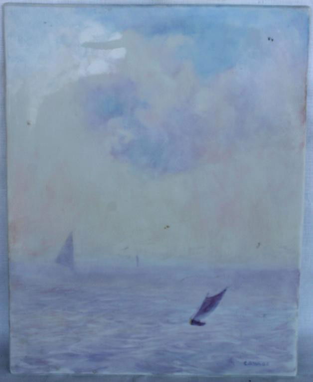 KPM PORCELAIN PLAQUE, WITH PASTEL: OCEAN SCENE WITH BOATS, SIGNED C.D. WADE, IMPRESSED KPM WITH SCEPTER MARK, #275-223, TITLED "PAINTED WITH J. SCHUMACHER'S FUSIBLE OIL COLORS" 11" X 8 3/4"