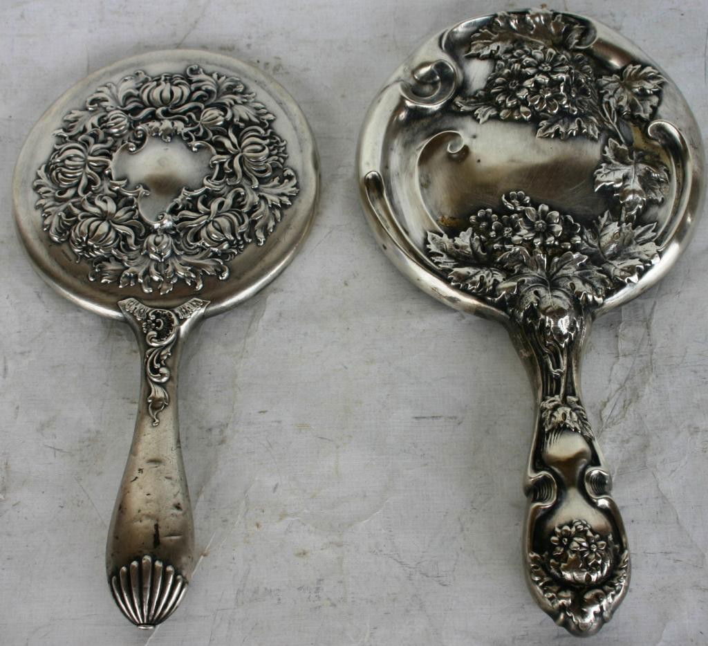 TWO ORNATE STERLING HAND MIRRORS: WITH BEVELED GLASS, 8" - 9", 4-6 oz ESTIMATE